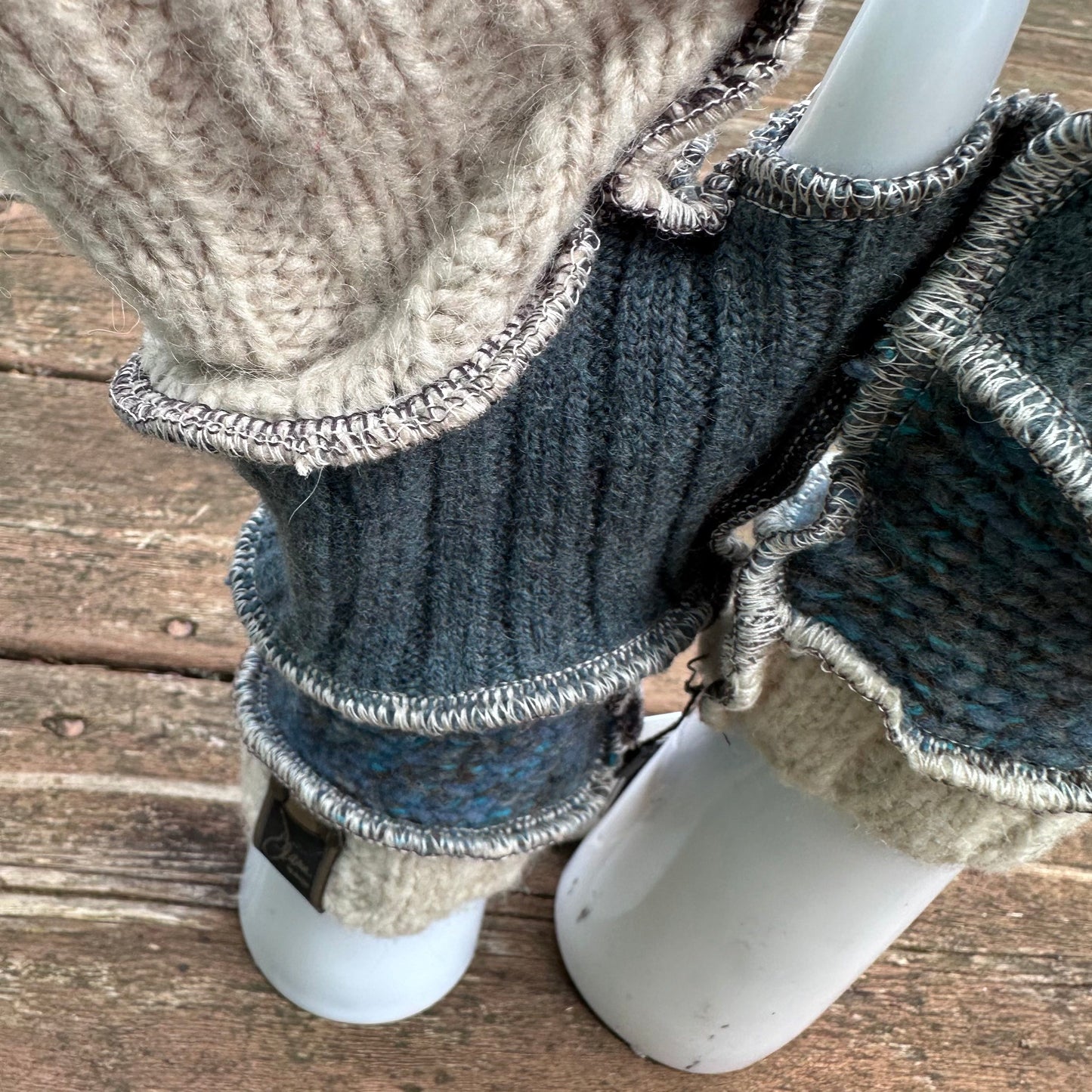 ecru + aqua felted fingerless mittens
