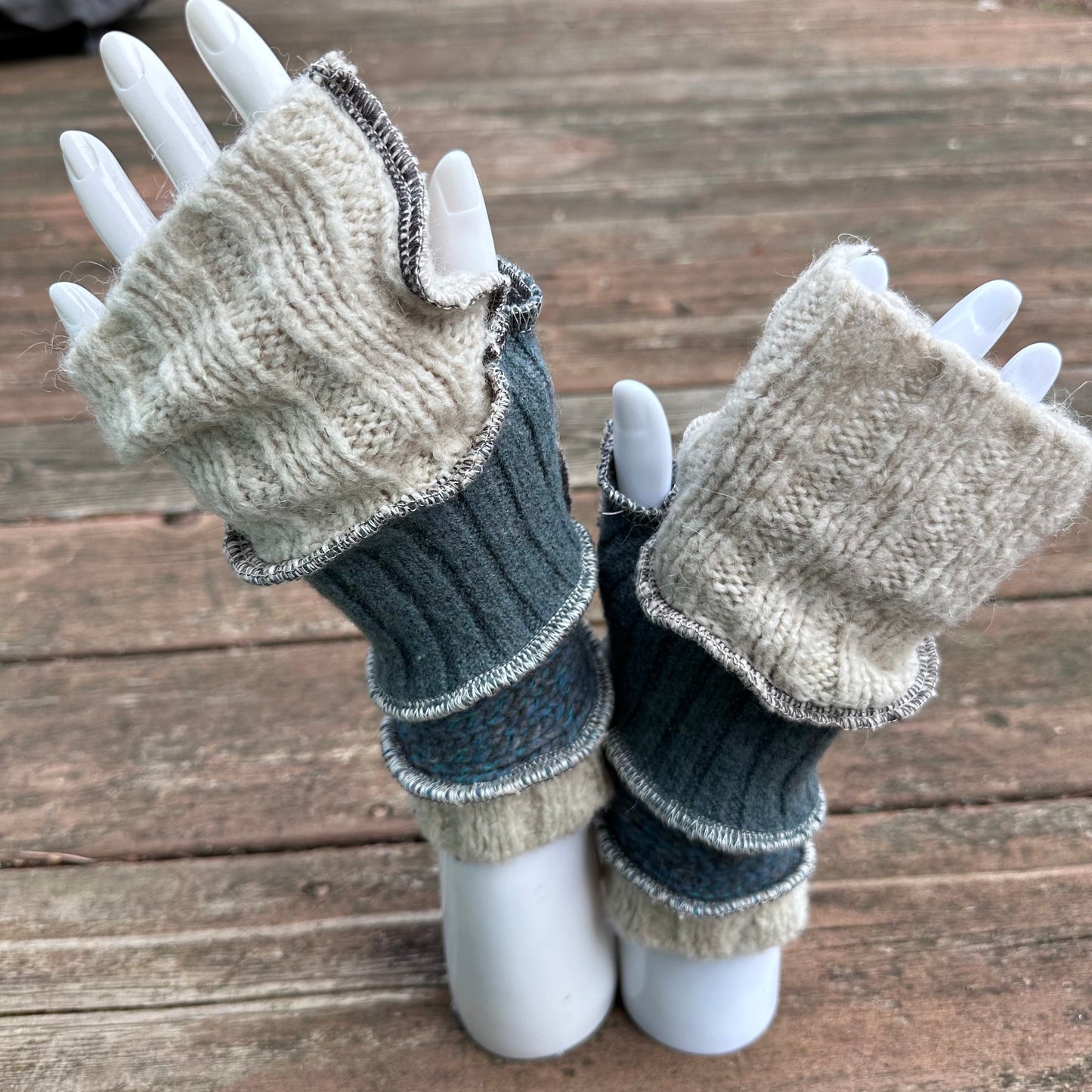 ecru + aqua felted fingerless mittens