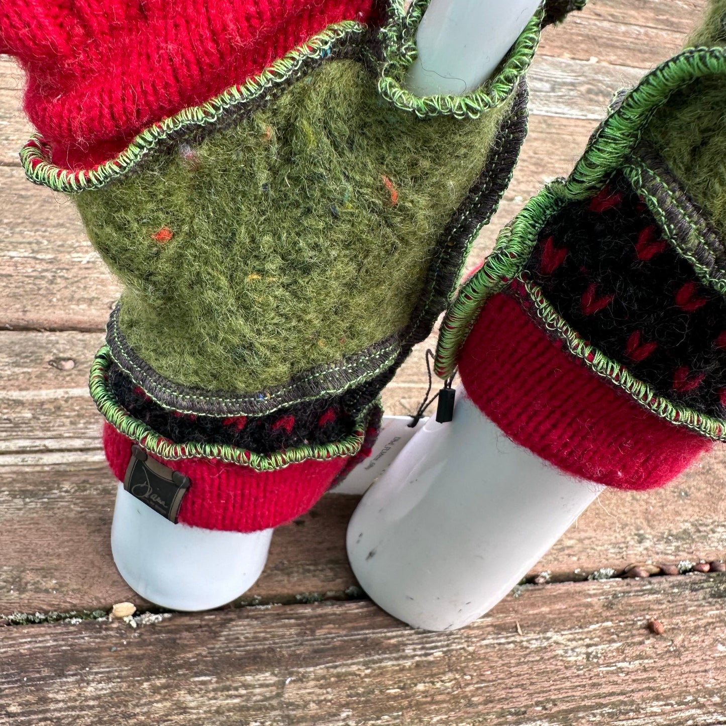 bright green + red fun felted fingerless mittens