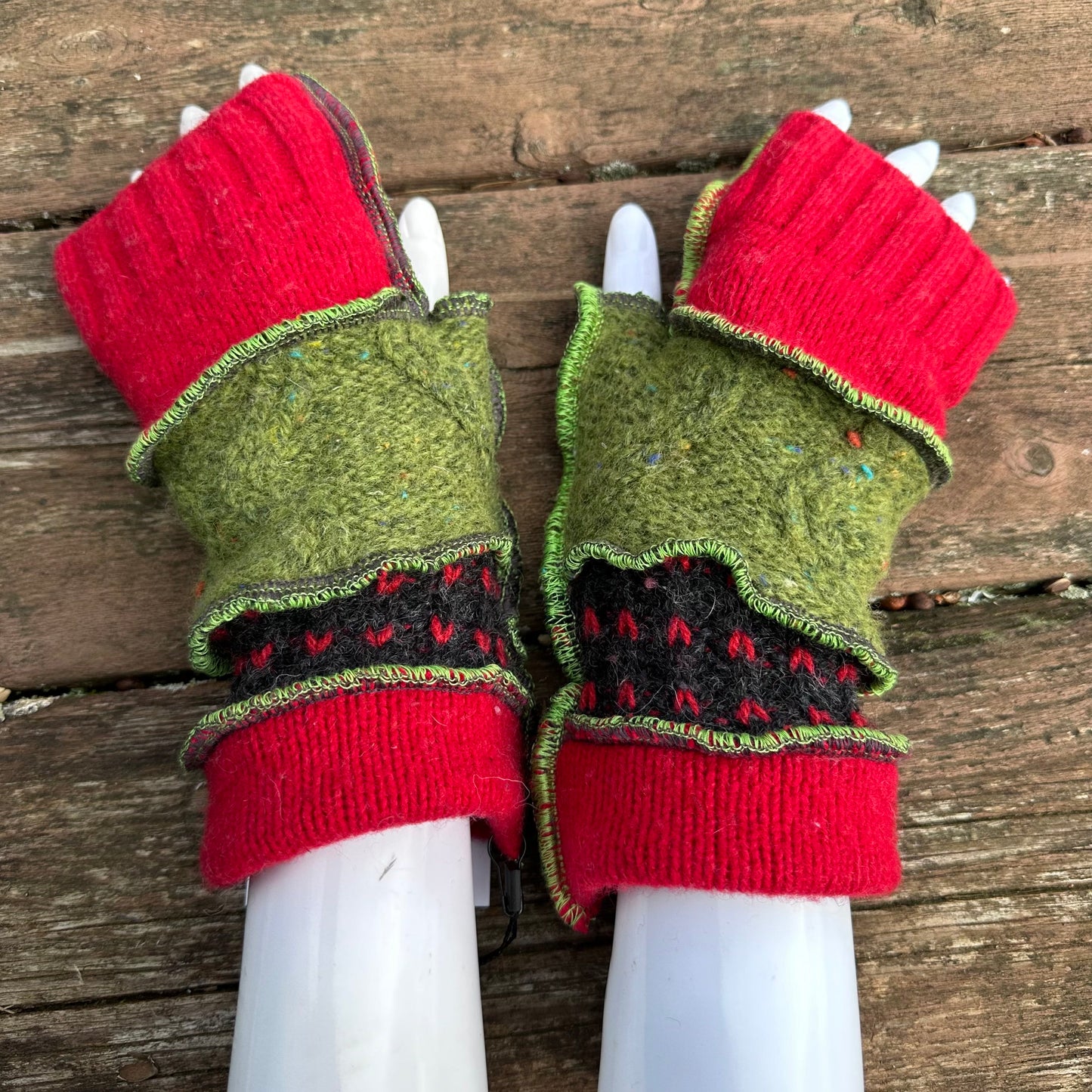 bright green + red fun felted fingerless mittens