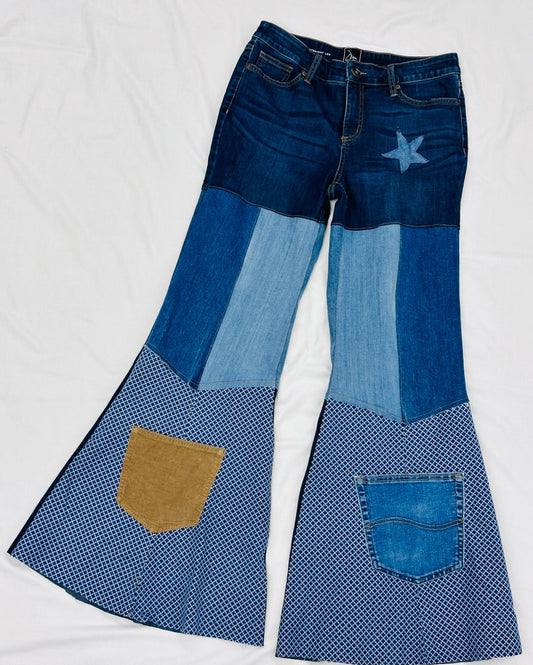 mid-rise shades of blue textured bell bottoms