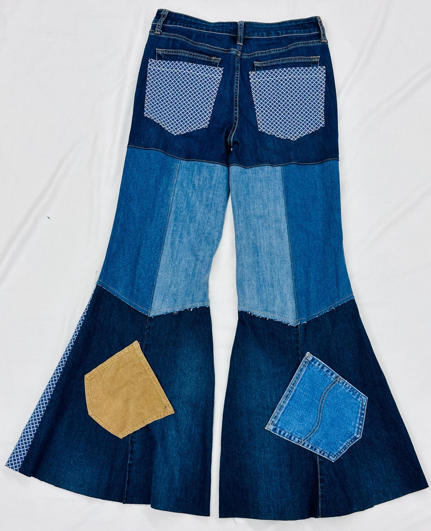 mid-rise shades of blue textured bell bottoms