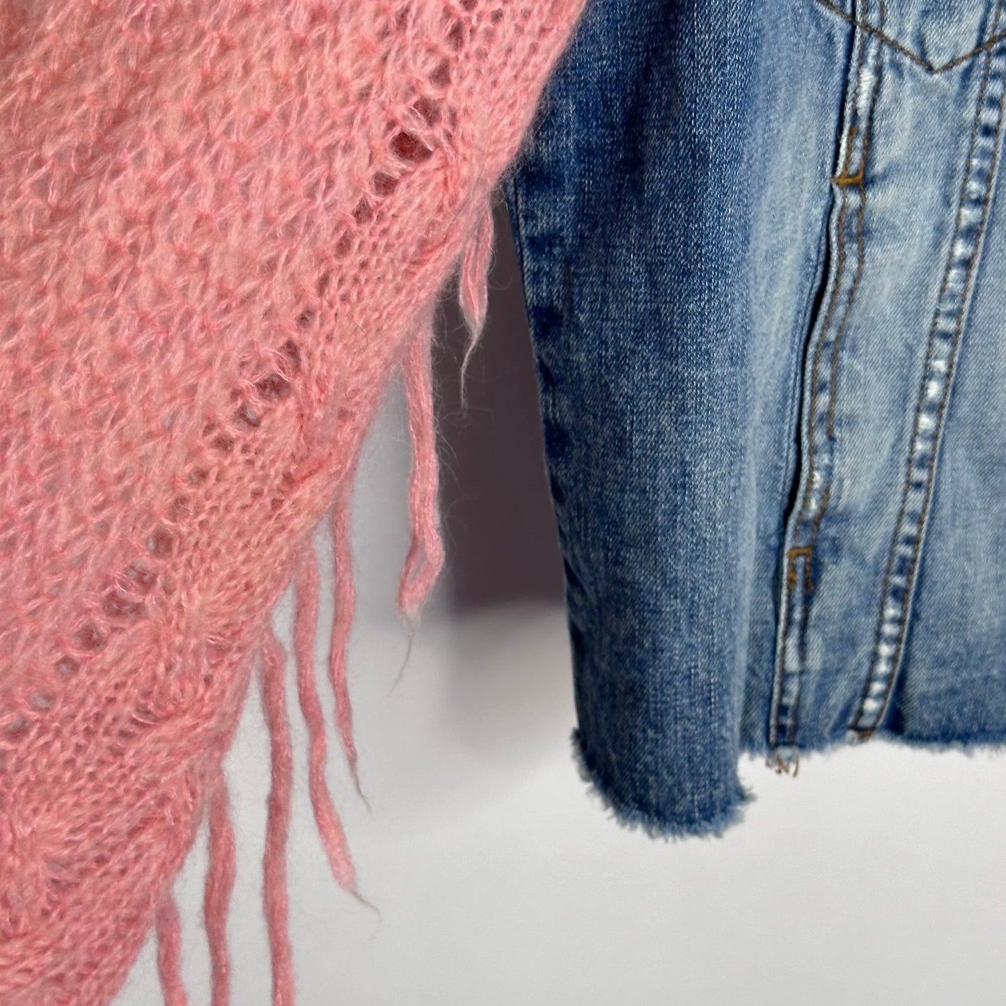 soft pink knit distressed denim jacket