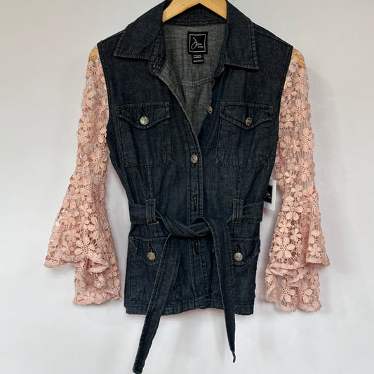 sassy lace + dark denim trench style jacket