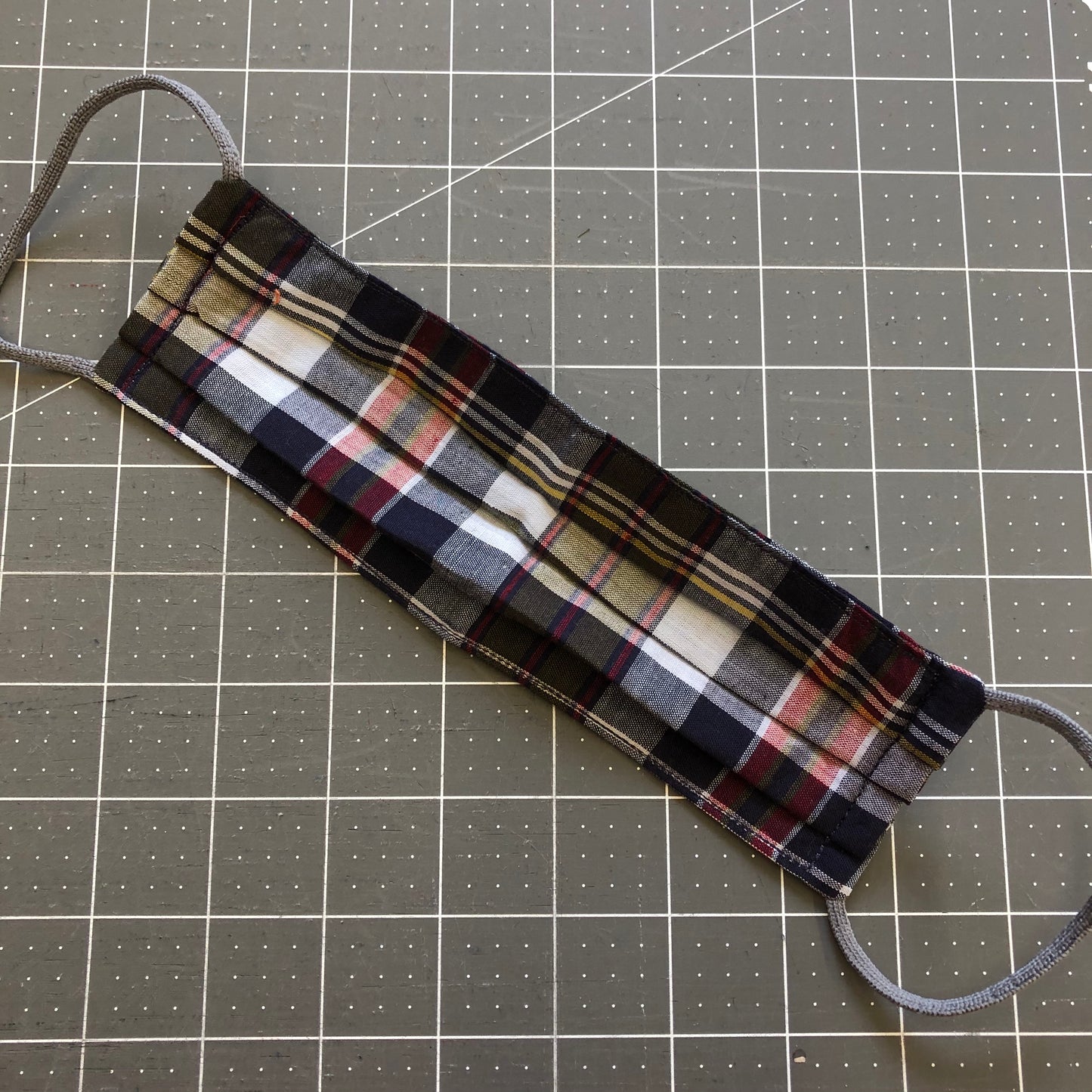 navy, white, taupe + cranberry plaid cotton face mask