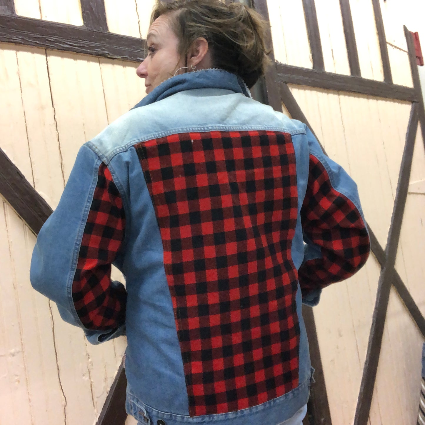 men's distressed sherpa denim + red black check insets