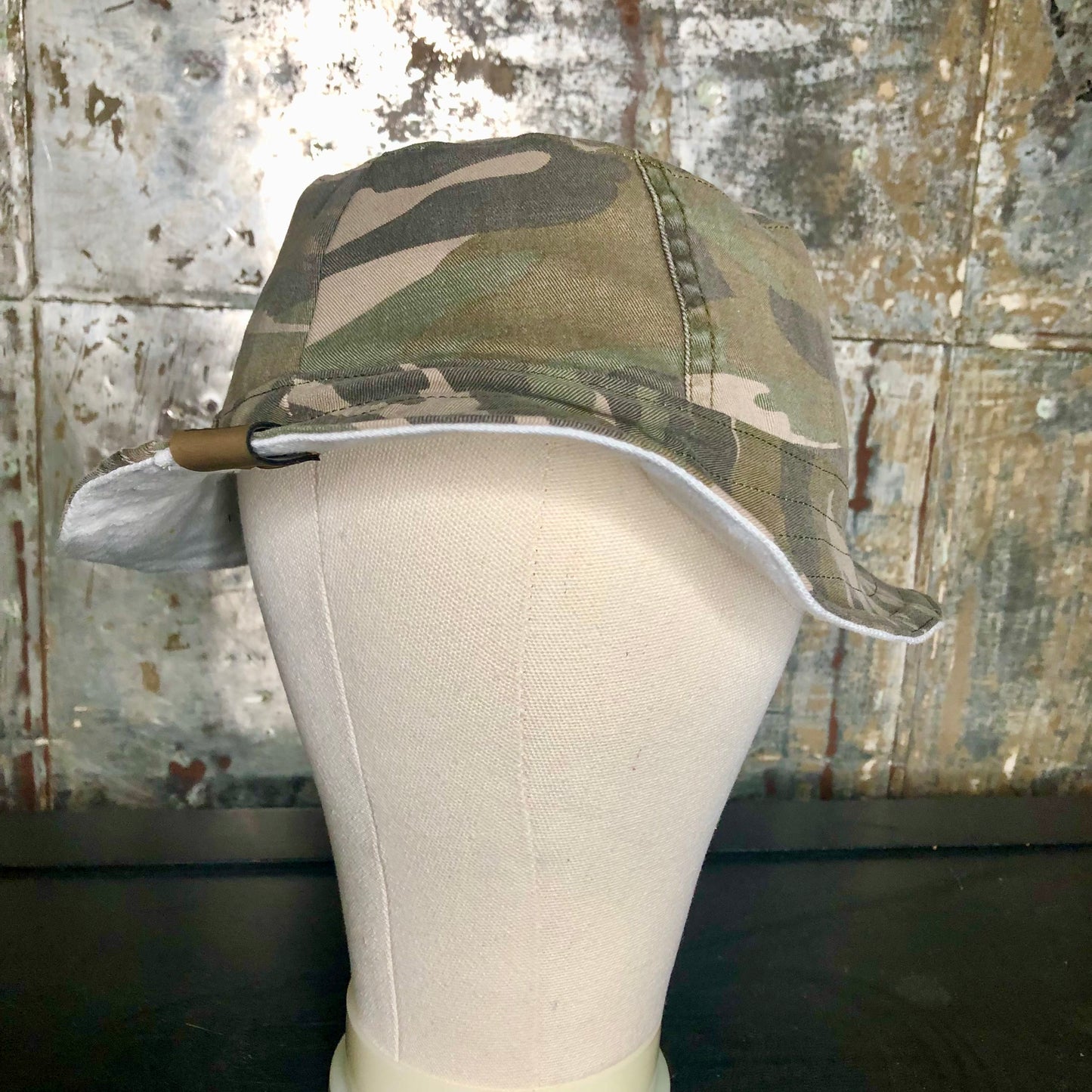 army camo + white denim reversible bucket hat