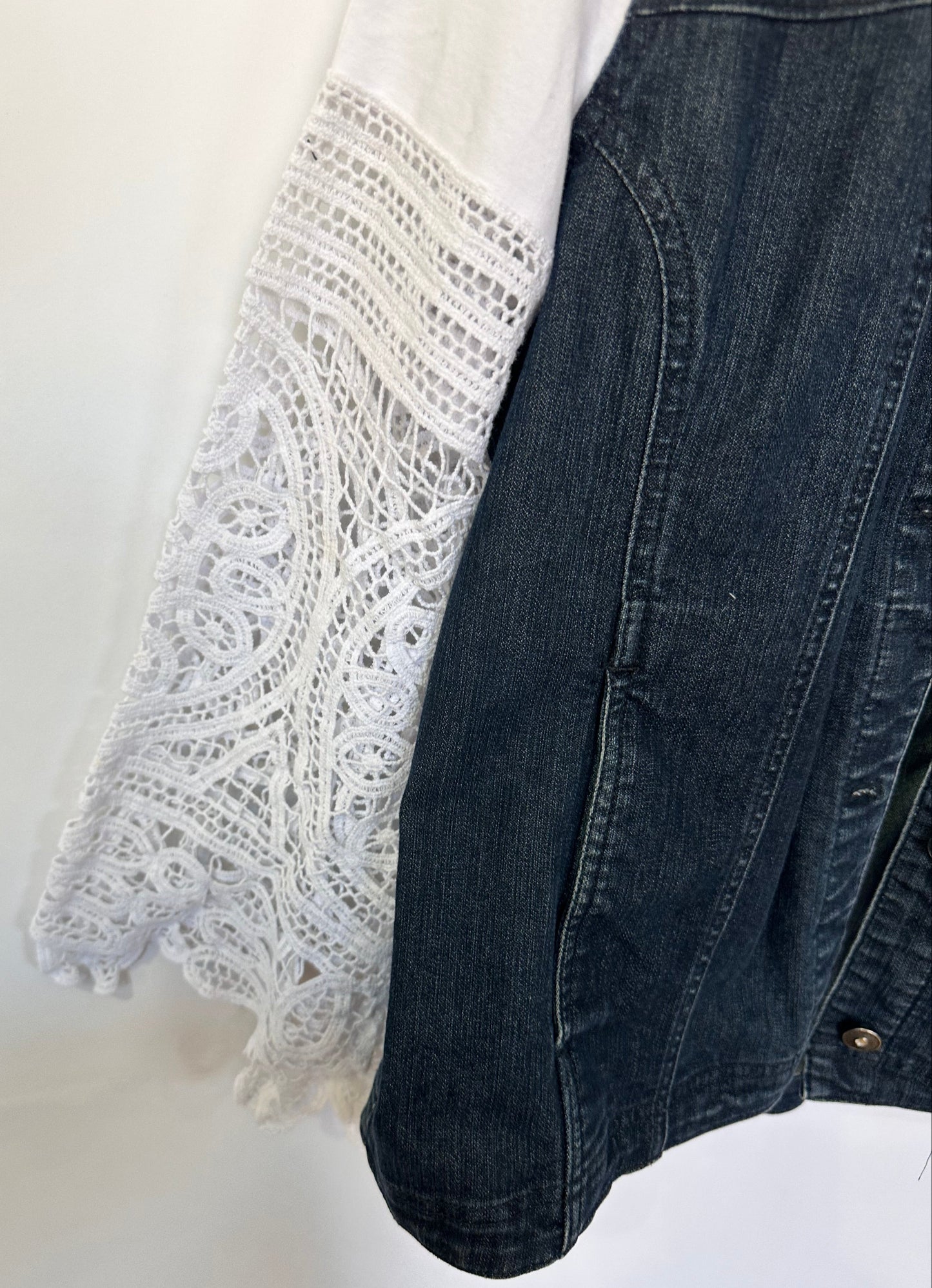 blue black denim + feminine lace bell jacket