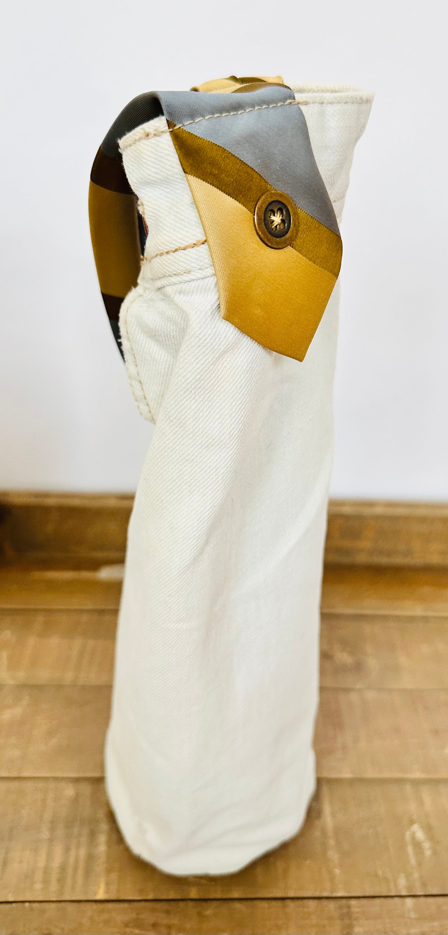 extra light denim + gold/olive/slate striped tie wine sleeve