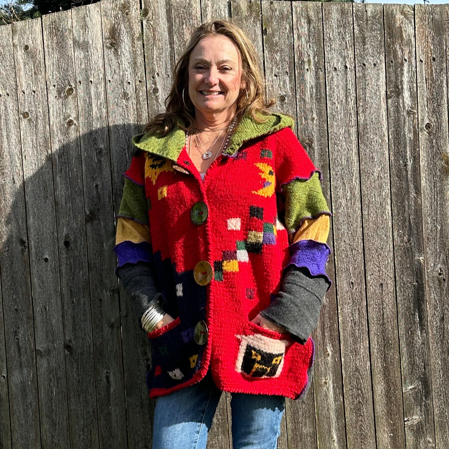 textured vibrant color swing style hooded coat