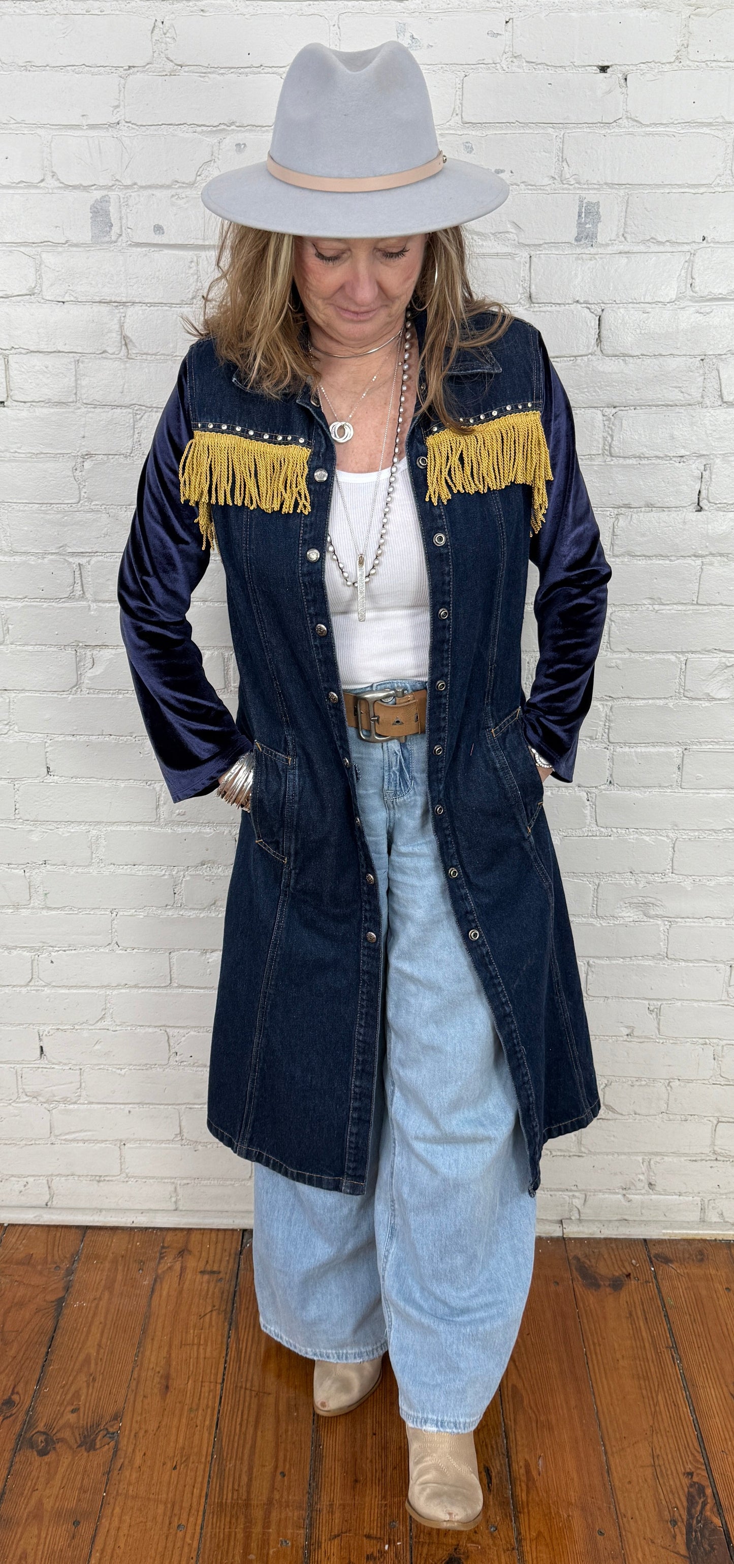 dark blue denim bling + fringe coat dress