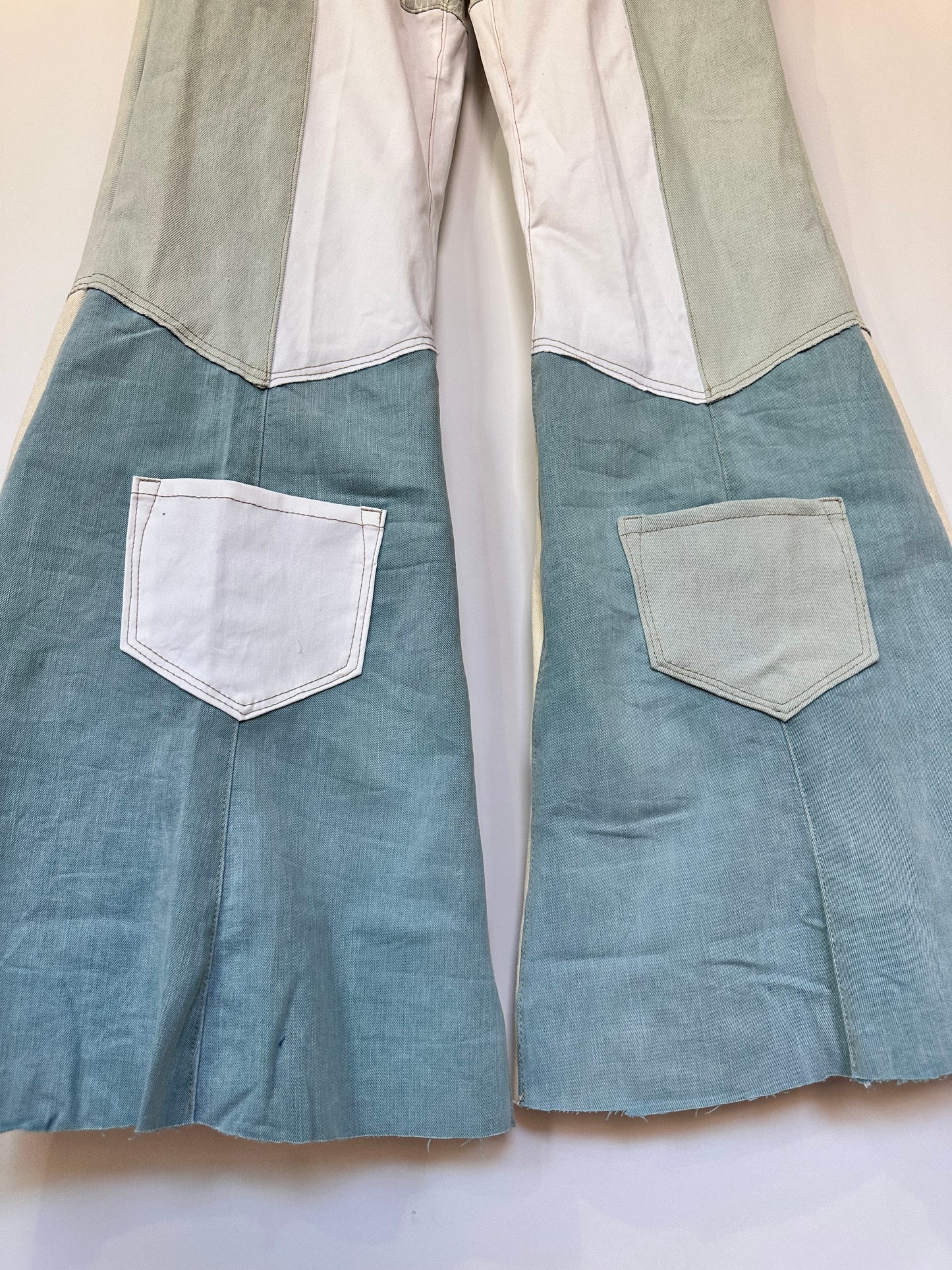 mid rise off white + light teal bell bottom jeans [6/28]