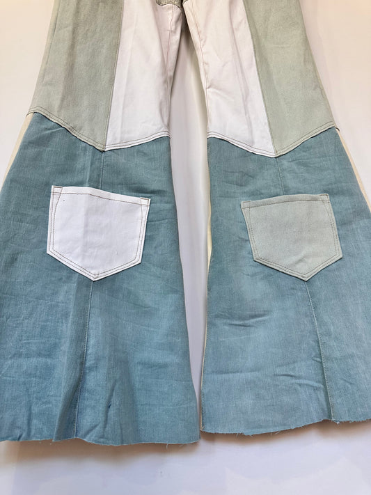 mid rise off white + light teal bell bottom jeans [6/28]