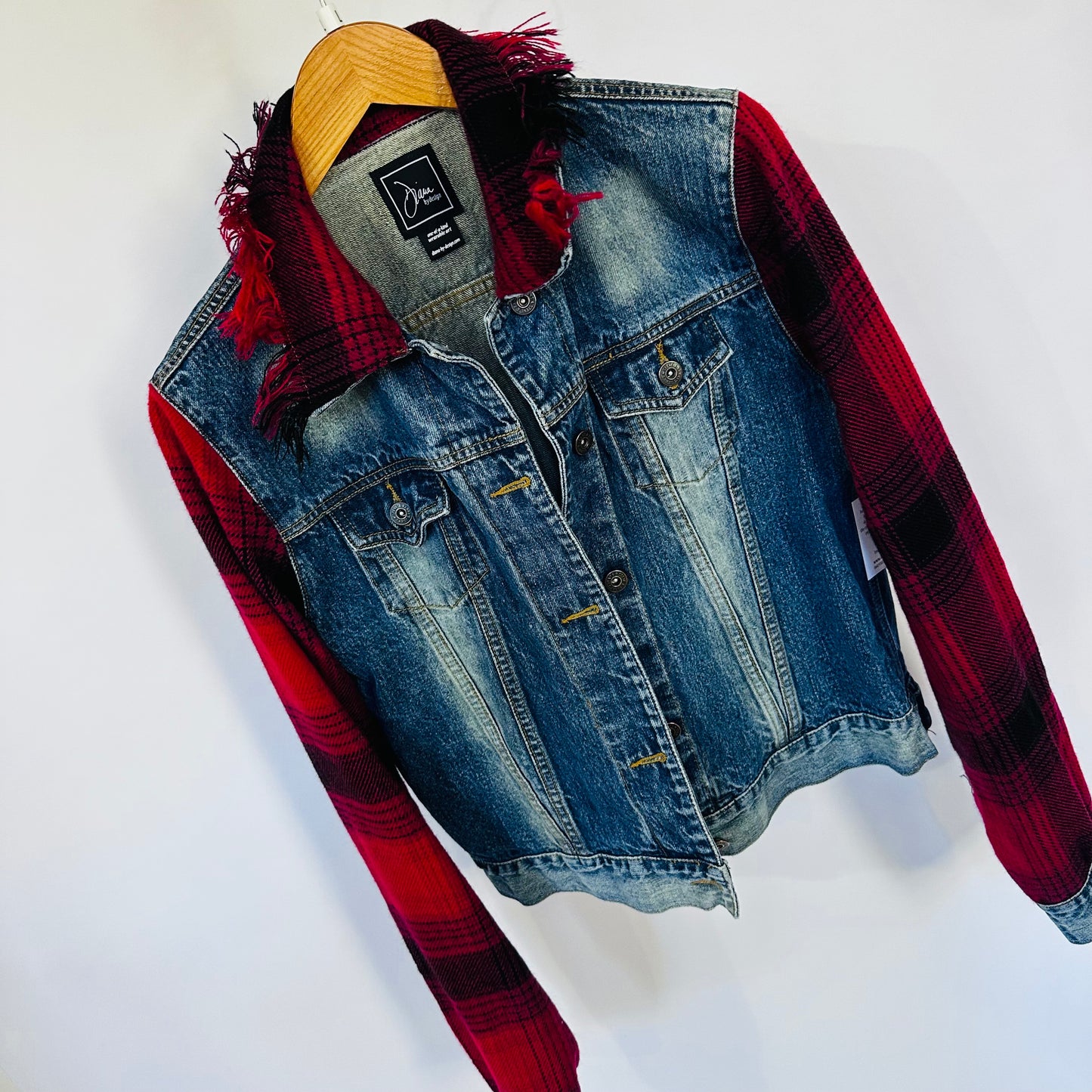 red black plaid + distressed denim jacket[l]