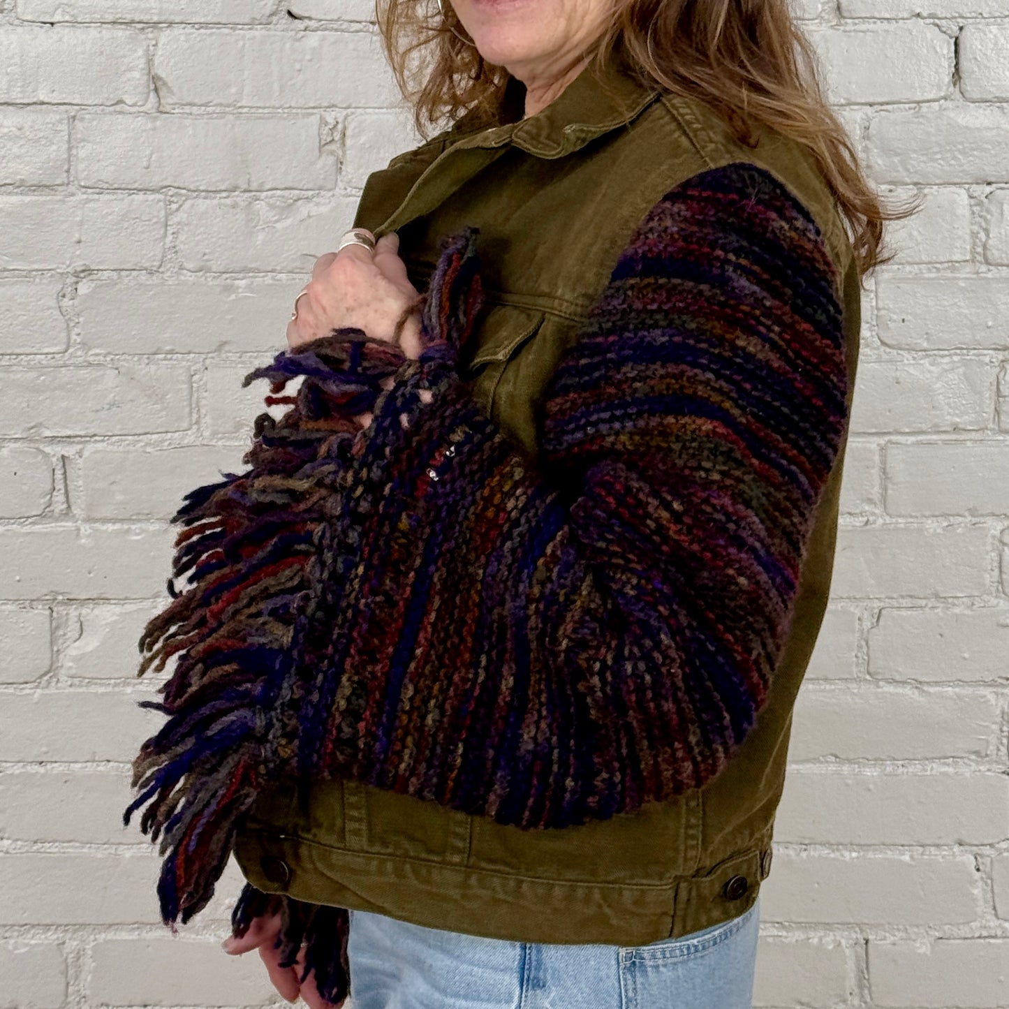 chunky knit, fringe + olive denim jacket