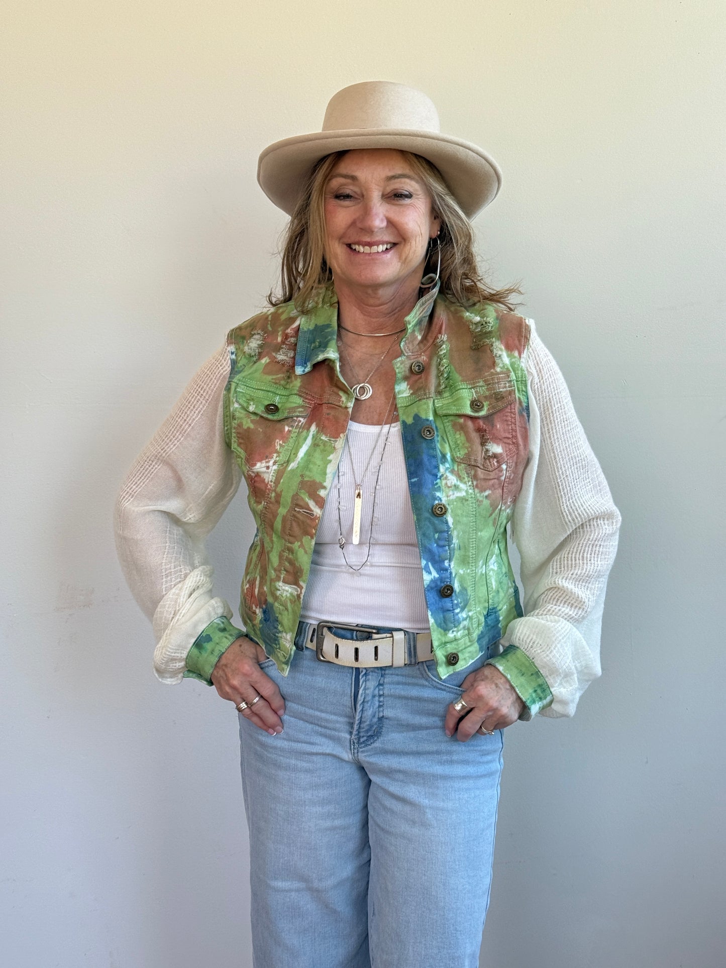 distressed tiedye denim + soft cream blouse sleeves [m/l]