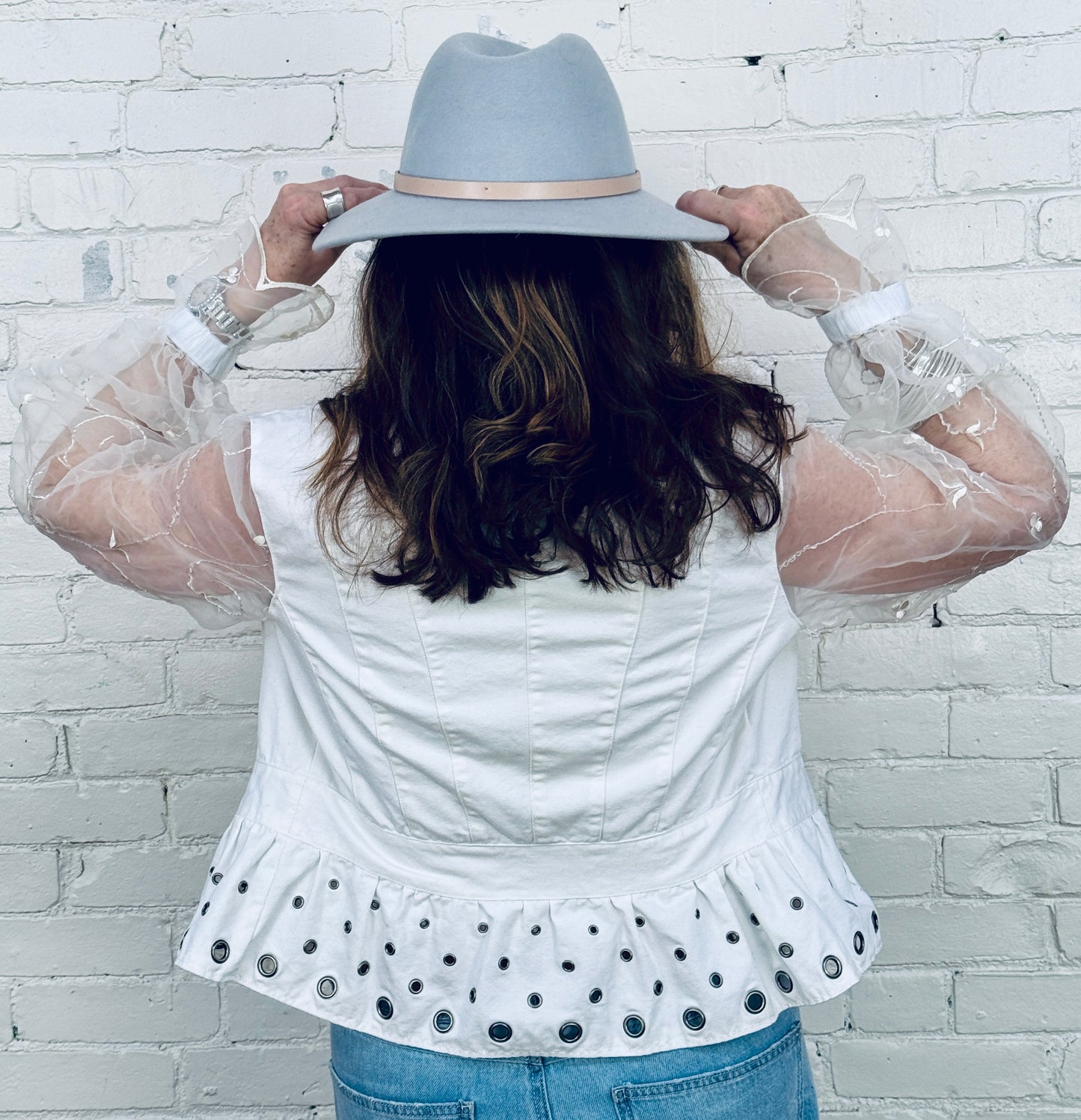 white on white grommeted peblum denim