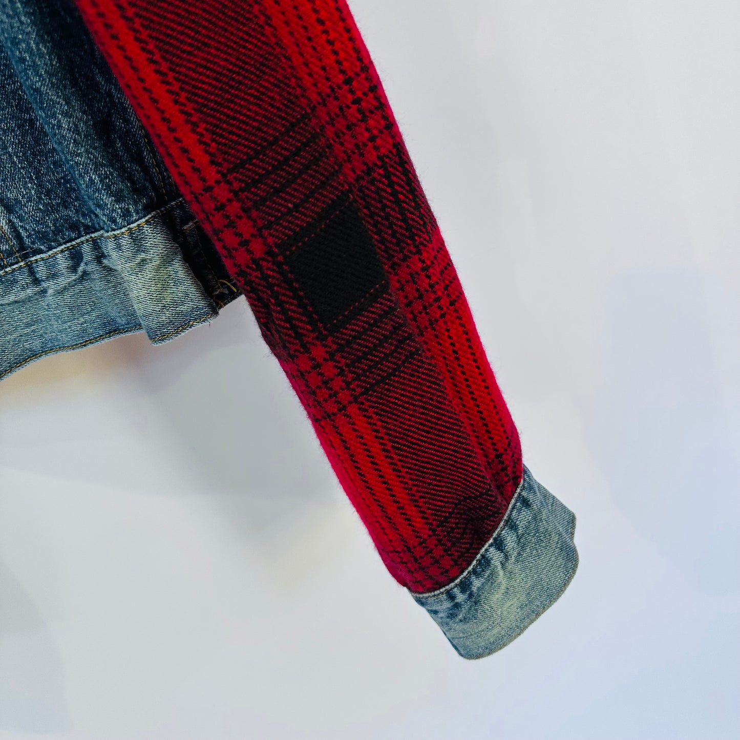 red black plaid + distressed denim jacket[l]