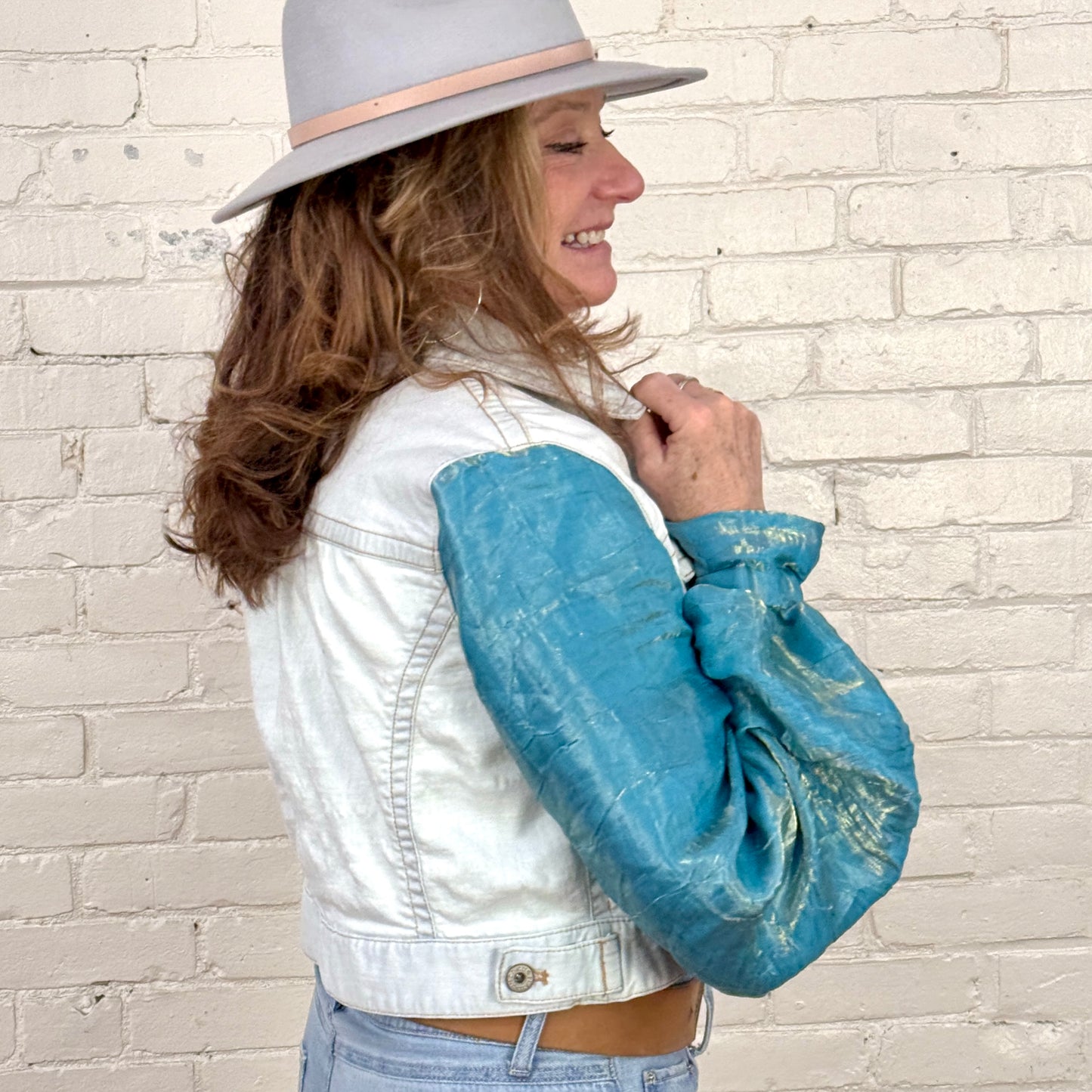 blue tint denim + shimmer blue billowy sleeved jacket