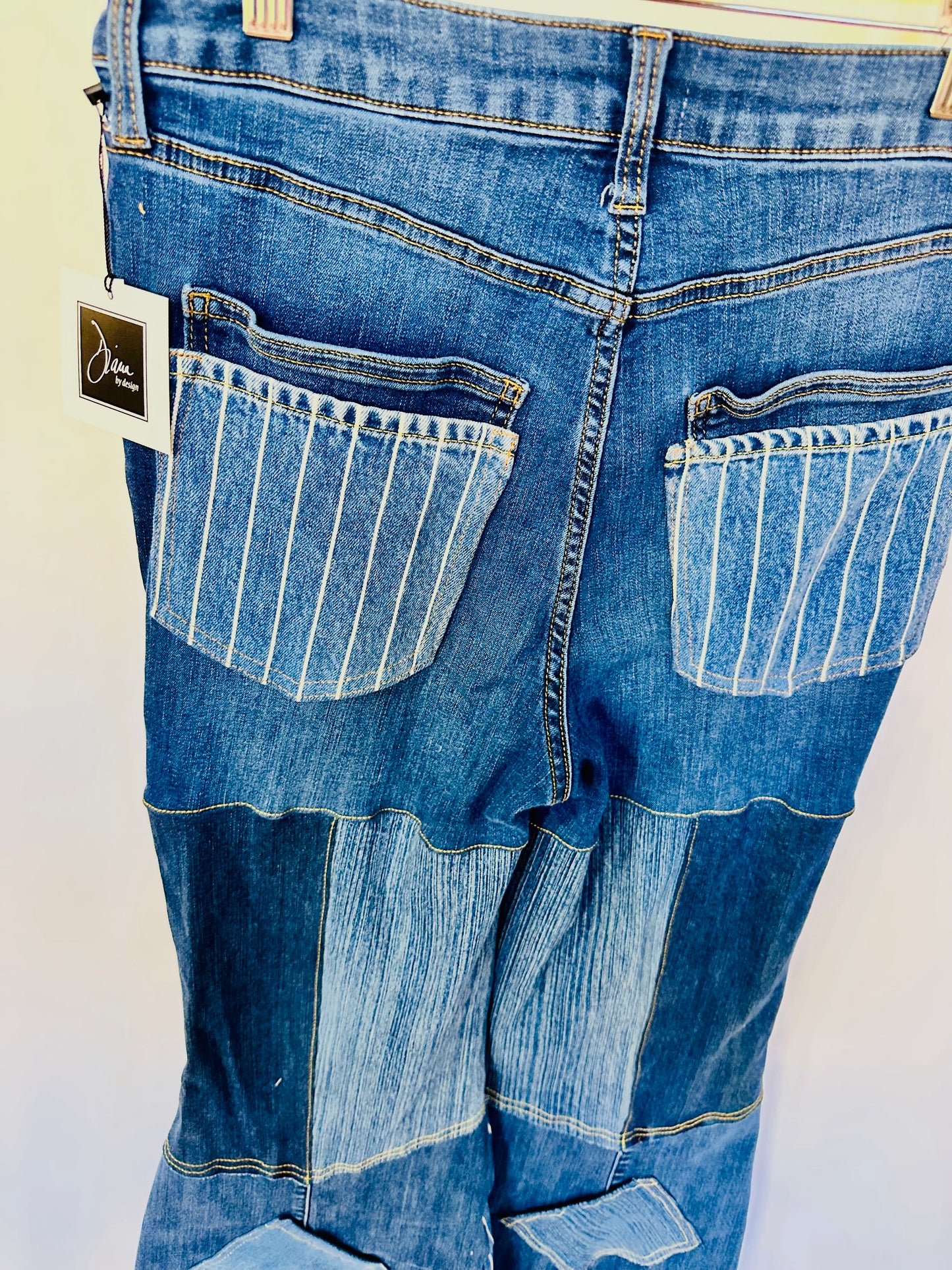 high waisted dark blue + stripes bell bottom jeans [10/30]
