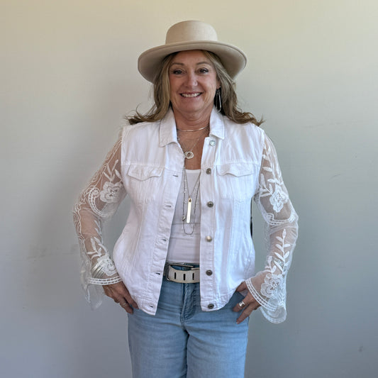white tencel denim jacket, white lace + soft fringe