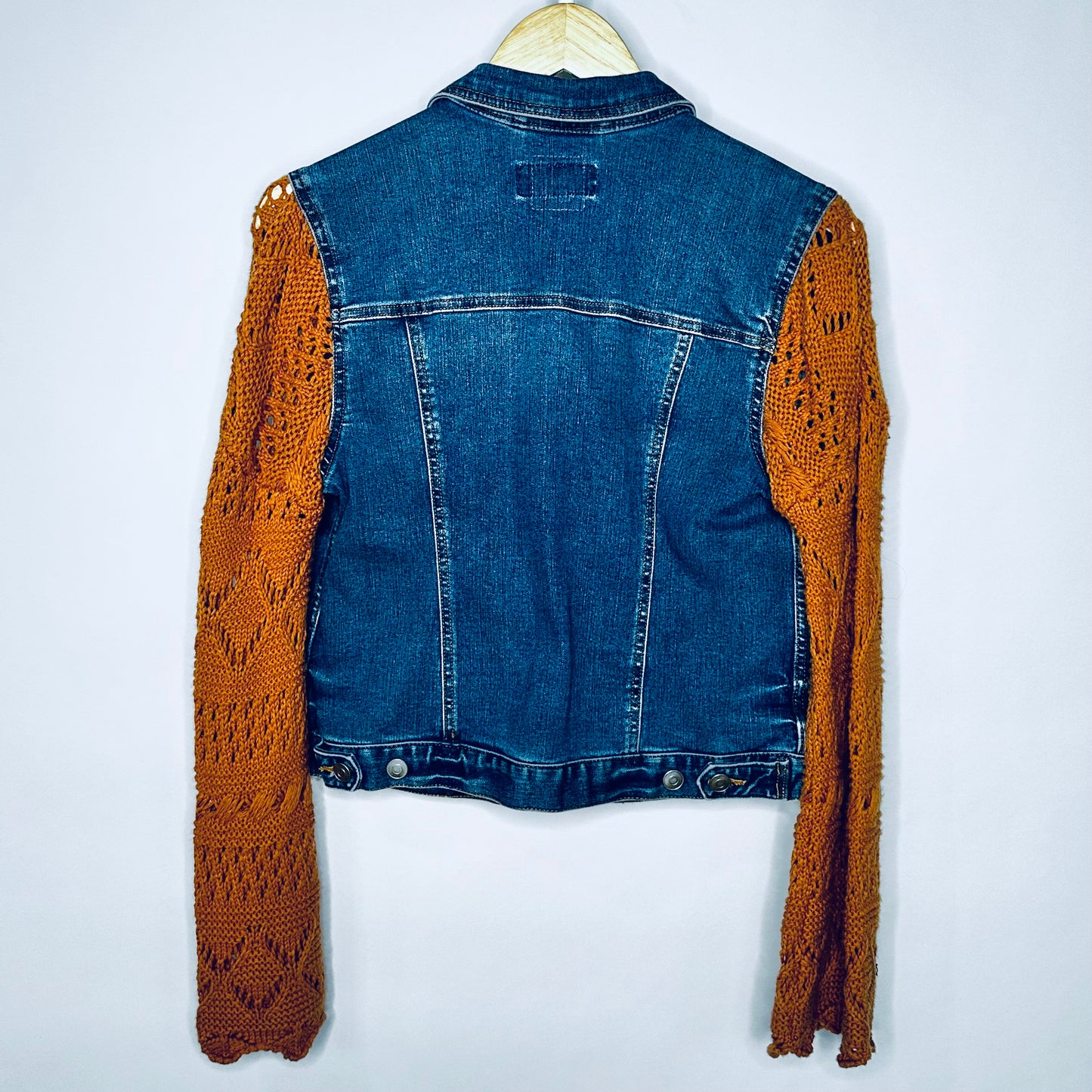 classic blue stretch demin + pumpkin open knit jacket
