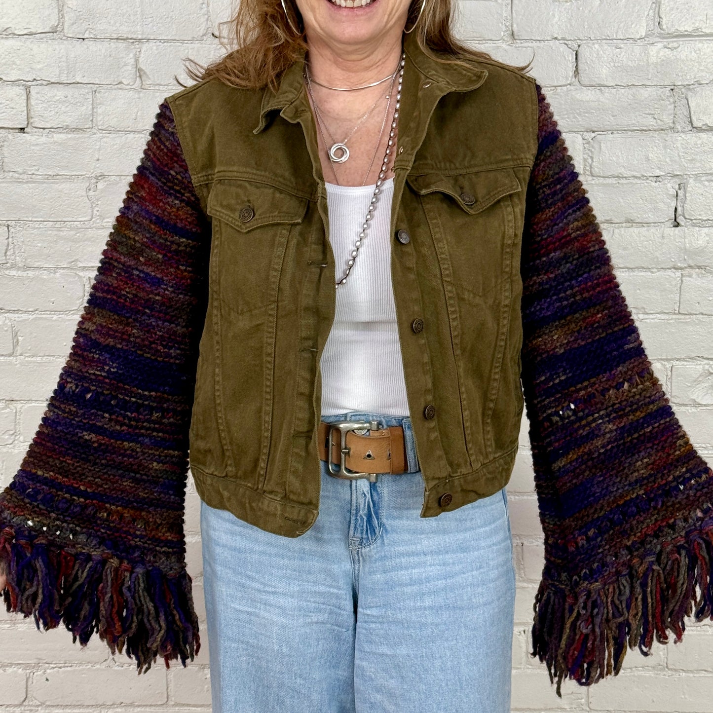 chunky knit, fringe + olive denim jacket