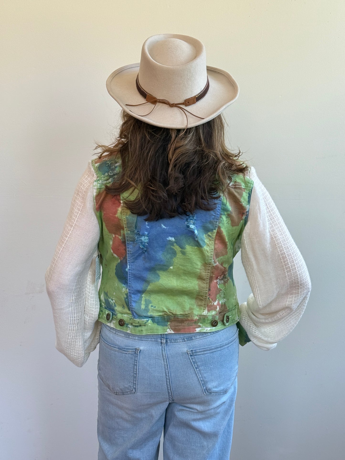 distressed tiedye denim + soft cream blouse sleeves [m/l]
