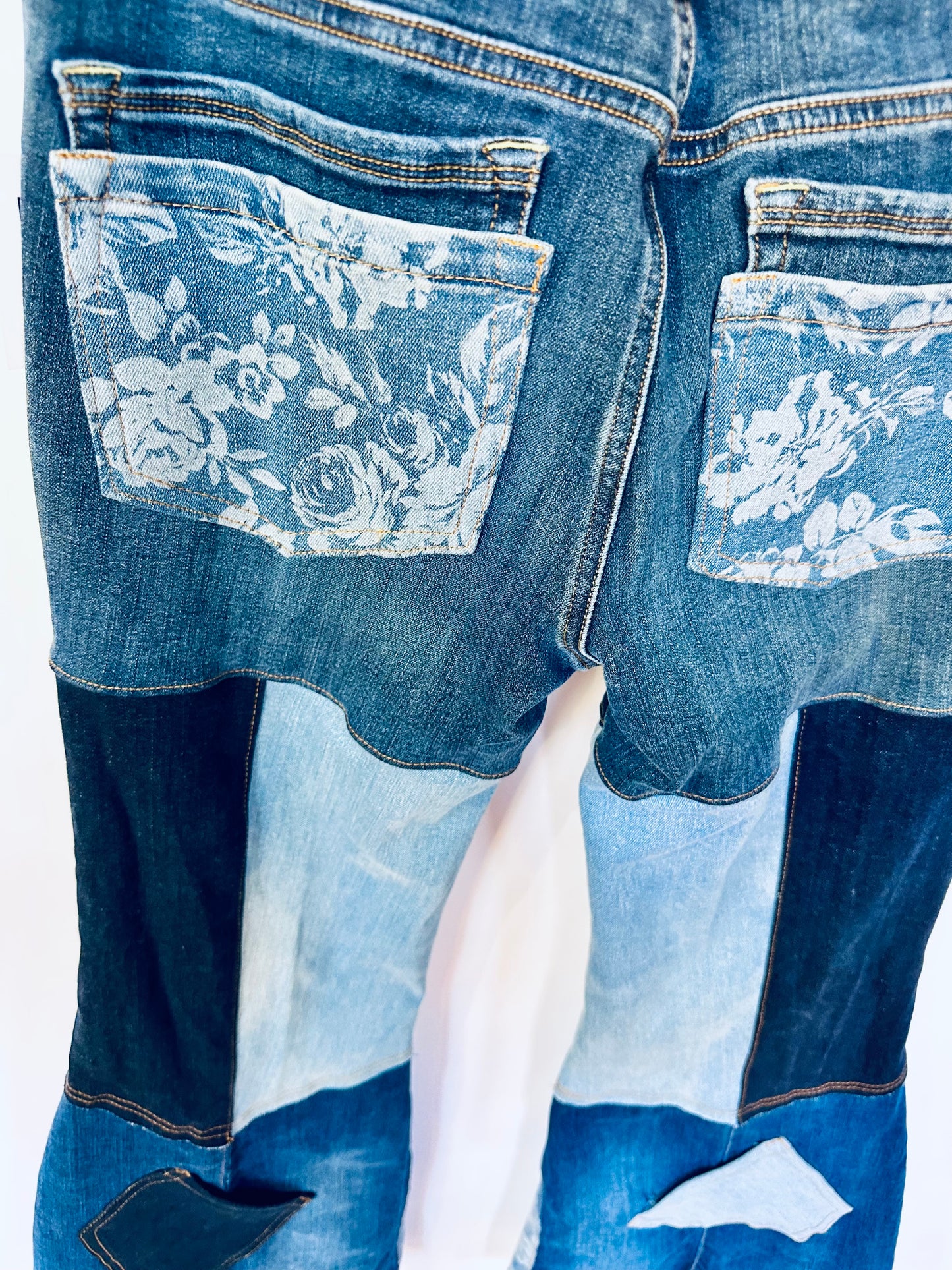 mid-lower rise blue + floral print bell bottom jeans [6/28]