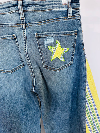 yellow green blue striped quilted bell bottoms [2/26]