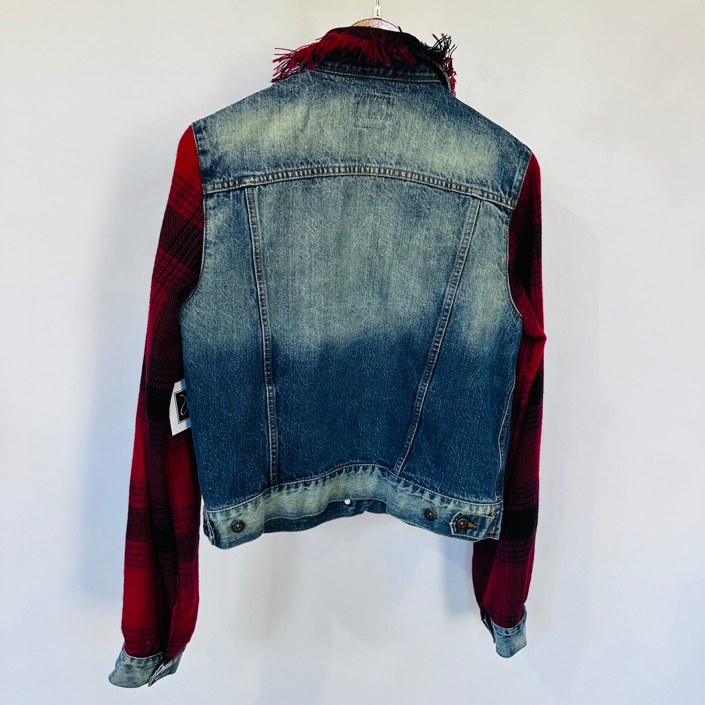 red black plaid + distressed denim jacket[l]