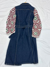 Load image into Gallery viewer, dark blue denim coat dress + granny square sleeves
