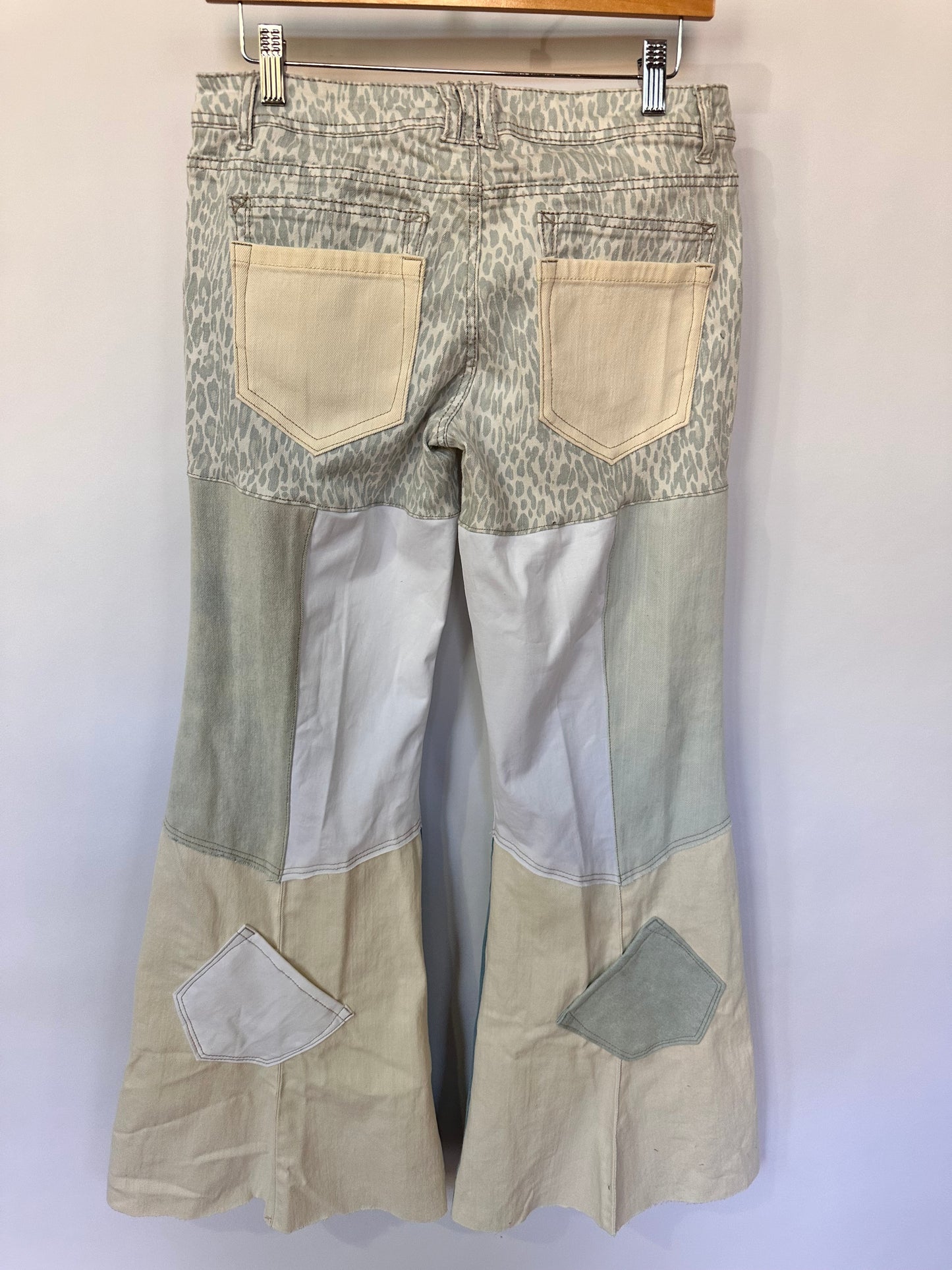 mid rise off white + light teal bell bottom jeans [6/28]