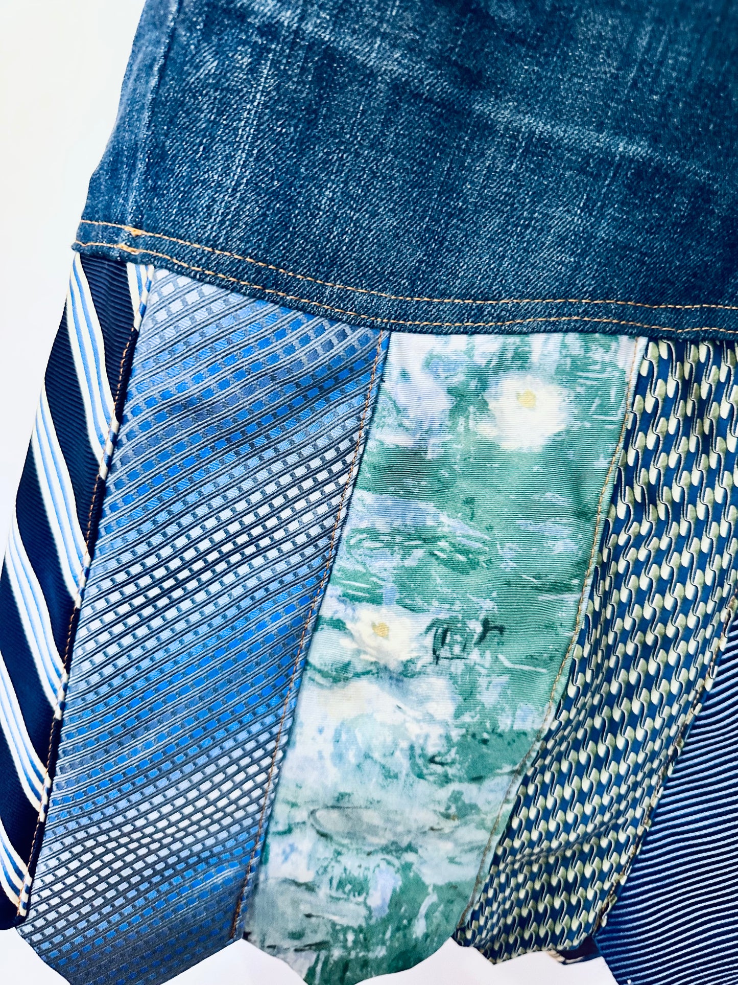 shades of spring ties + denim skirt, [size 10/30]