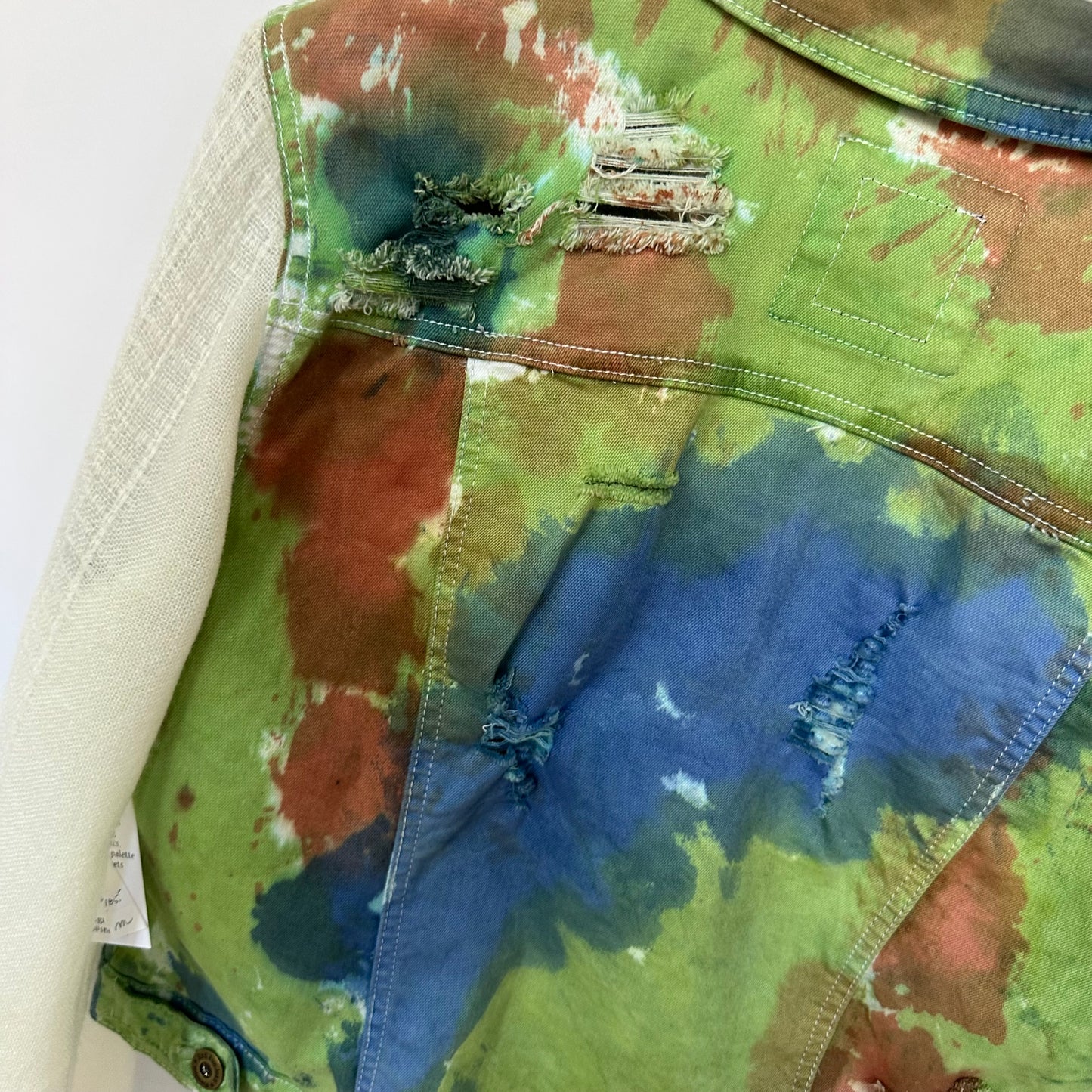 distressed tiedye denim + soft cream blouse sleeves [m/l]
