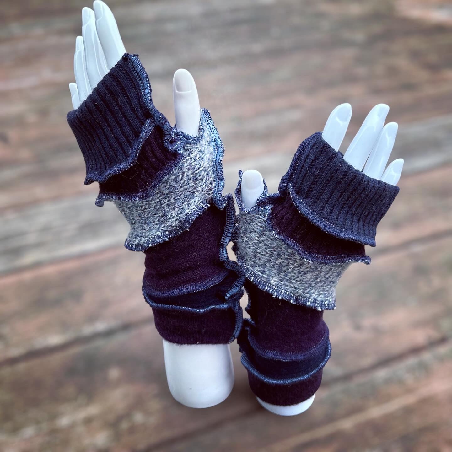 blues + burgundies felted fingerless mittens
