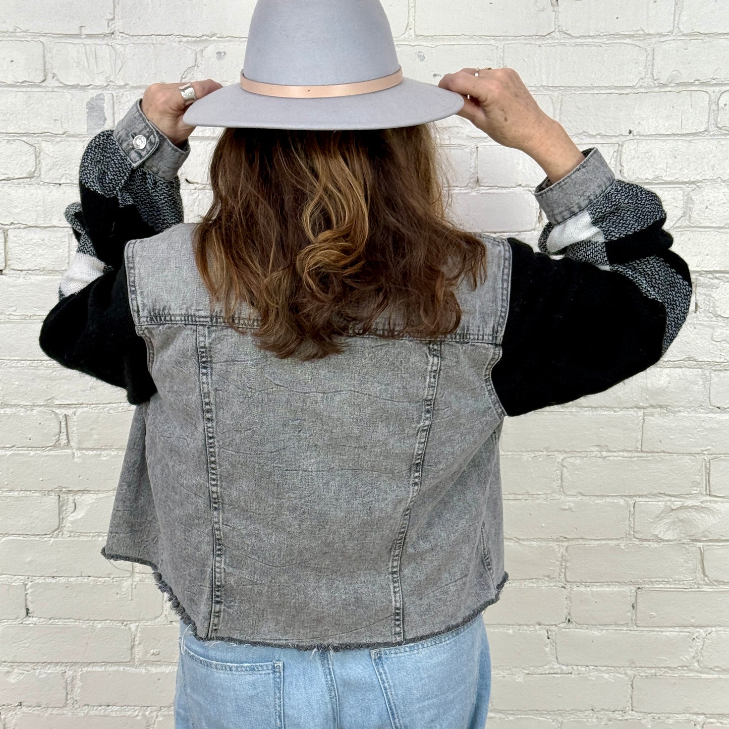 faded black boxy denim + black white soft plaid billowy sleeves