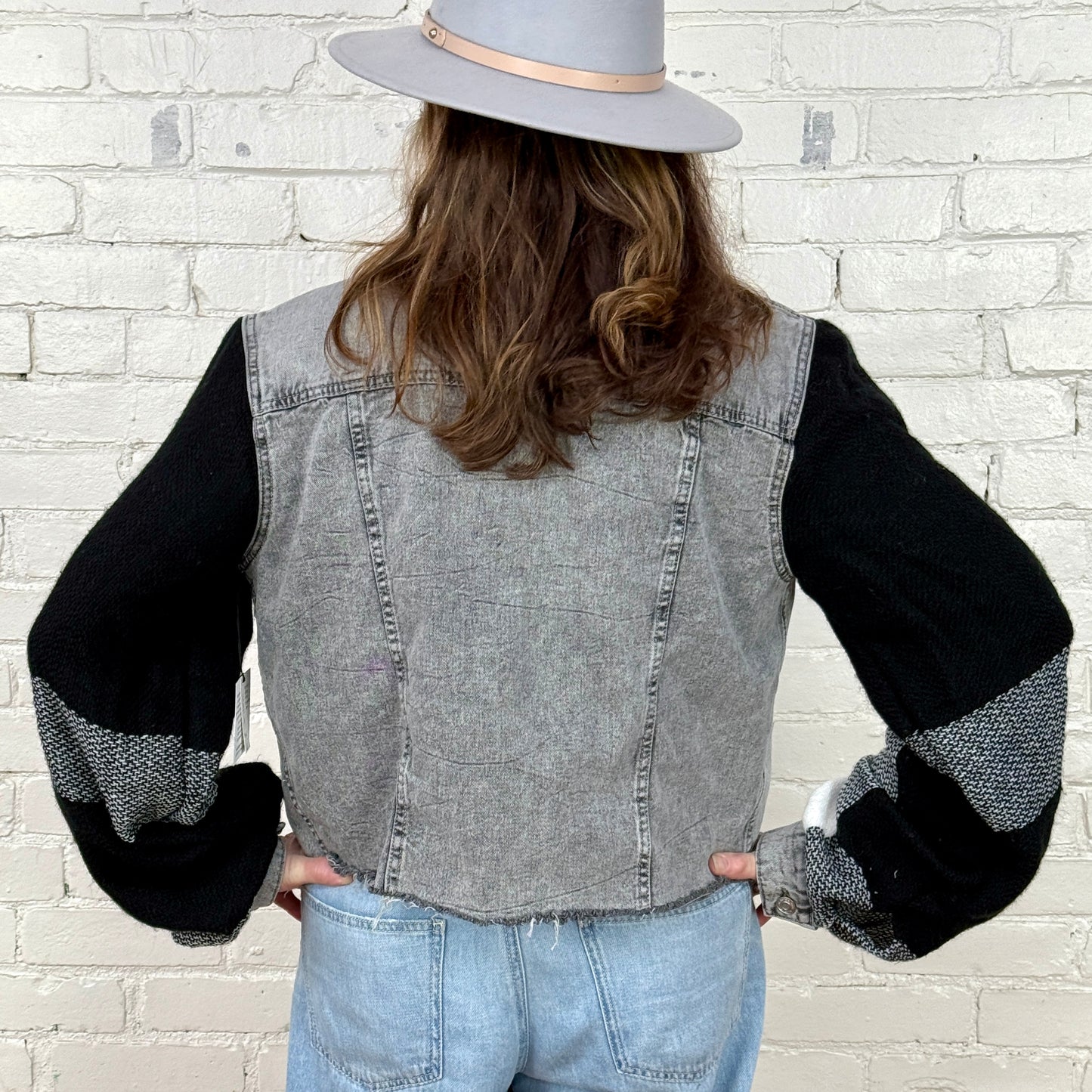 faded black boxy denim + black white soft plaid billowy sleeves