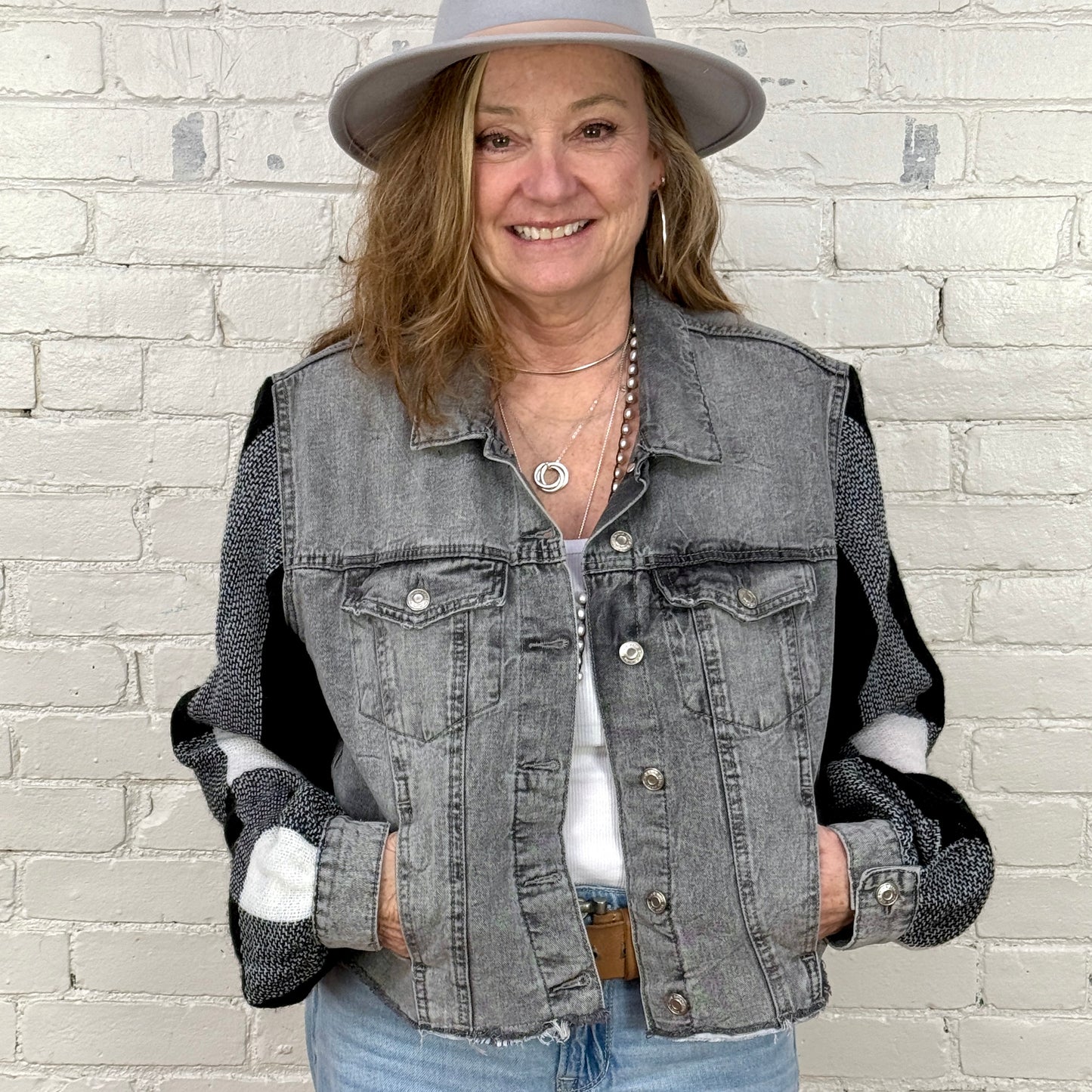 faded black boxy denim + black white soft plaid billowy sleeves