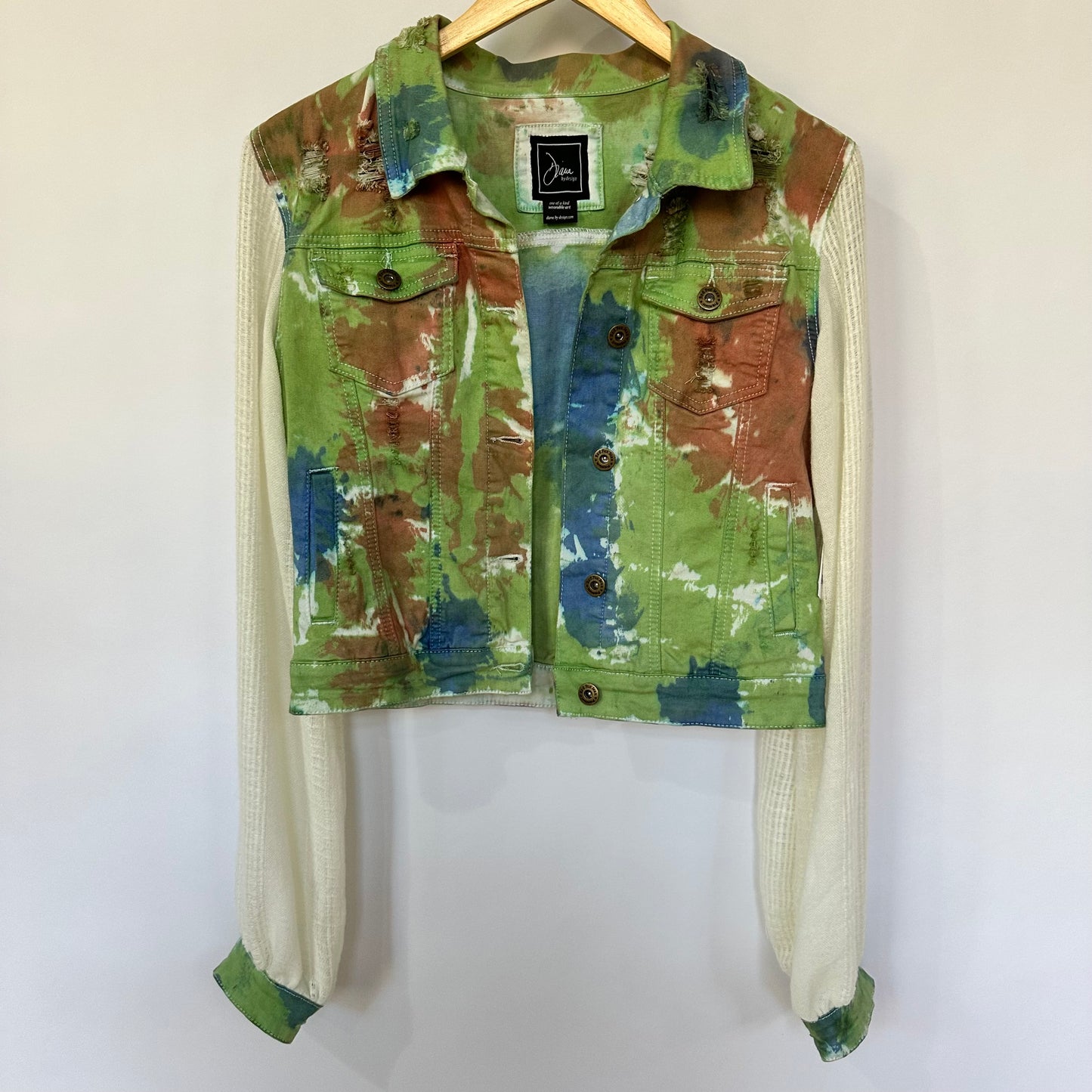 distressed tiedye denim + soft cream blouse sleeves [m/l]