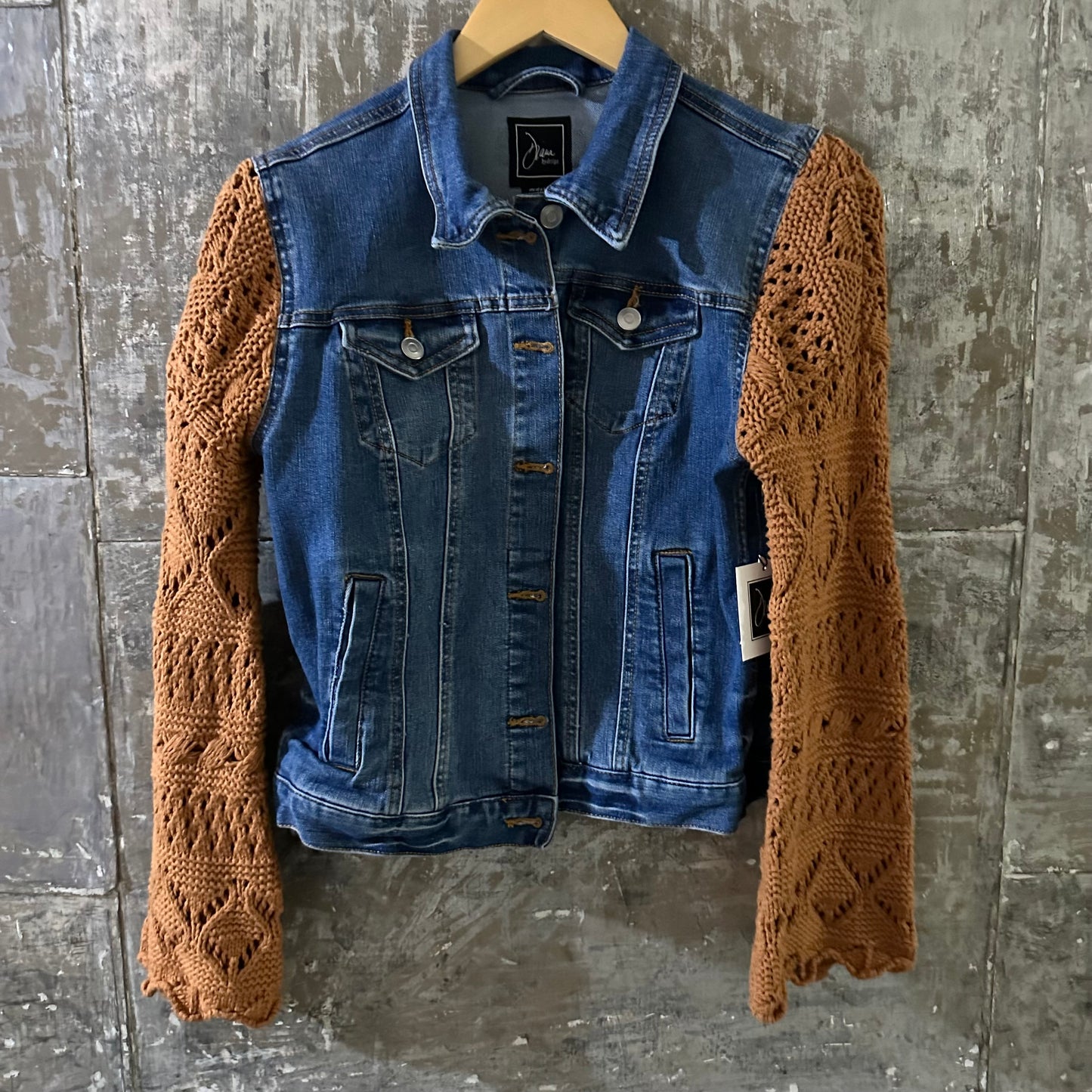 classic blue stretch demin + pumpkin open knit jacket