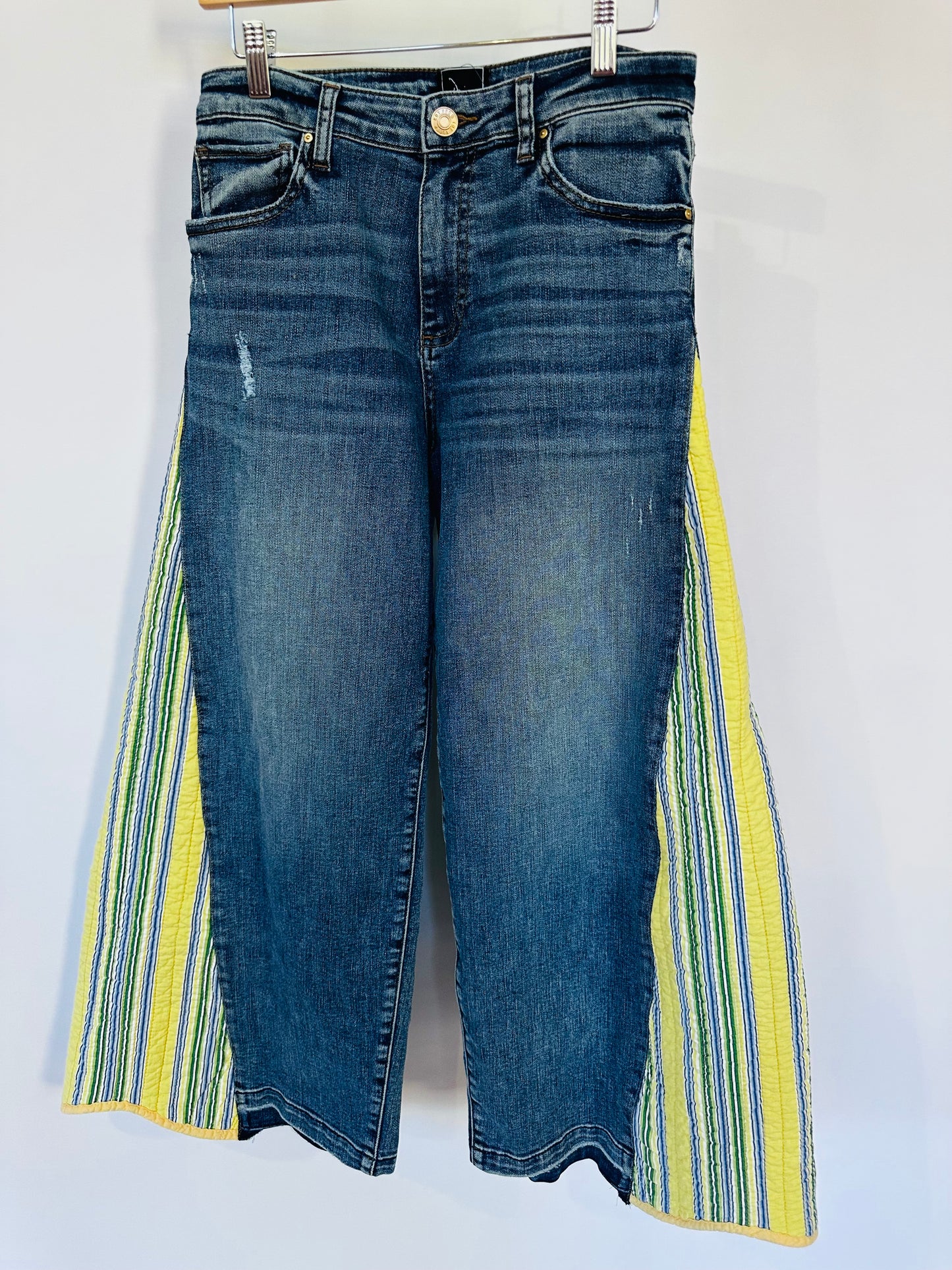 yellow green blue striped quilted bell bottoms [2/26]
