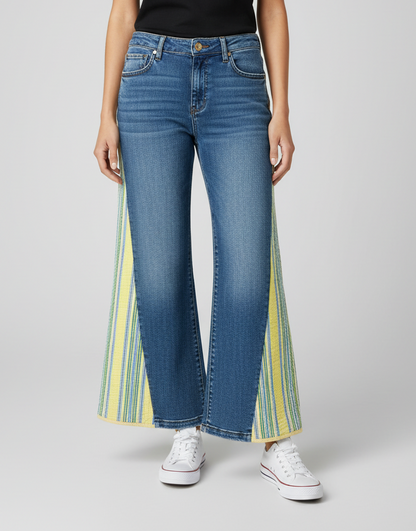 yellow green blue striped quilted bell bottoms [2/26]
