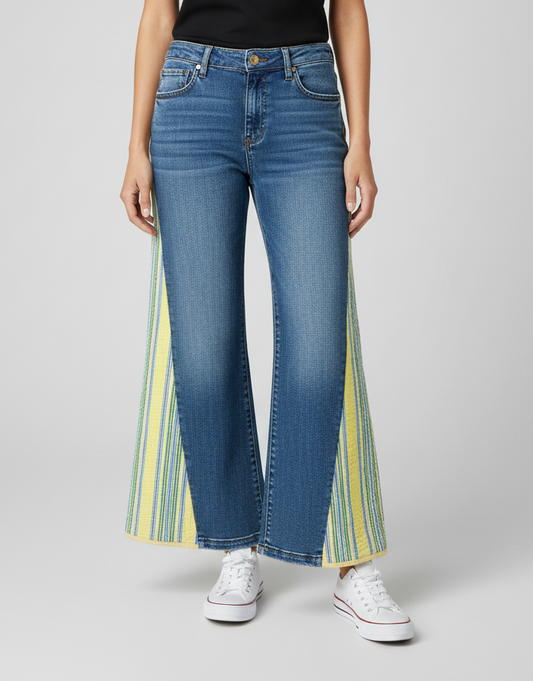 yellow green blue striped quilted bell bottoms [2/26]