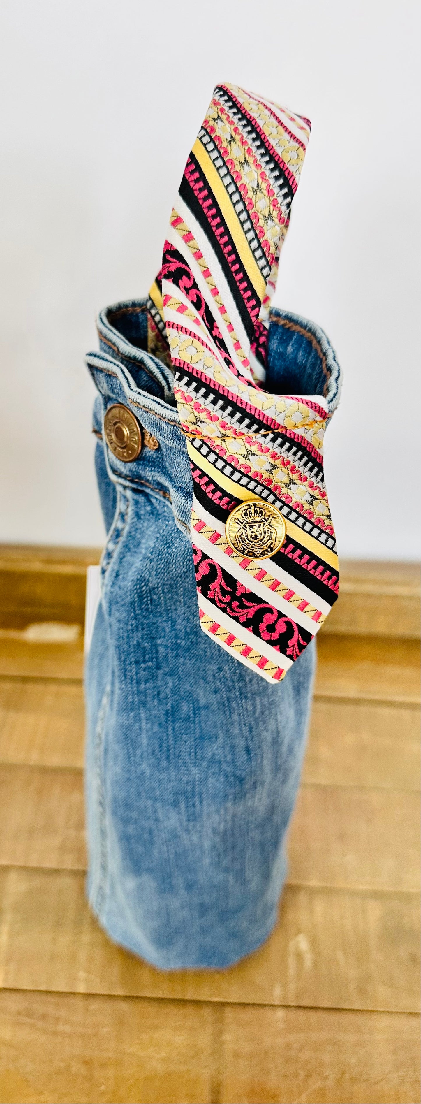 blue wash denim + multi color striped tie wine sleeve