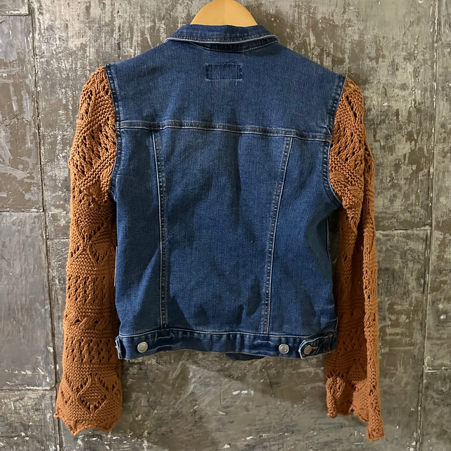 classic blue stretch demin + pumpkin open knit jacket