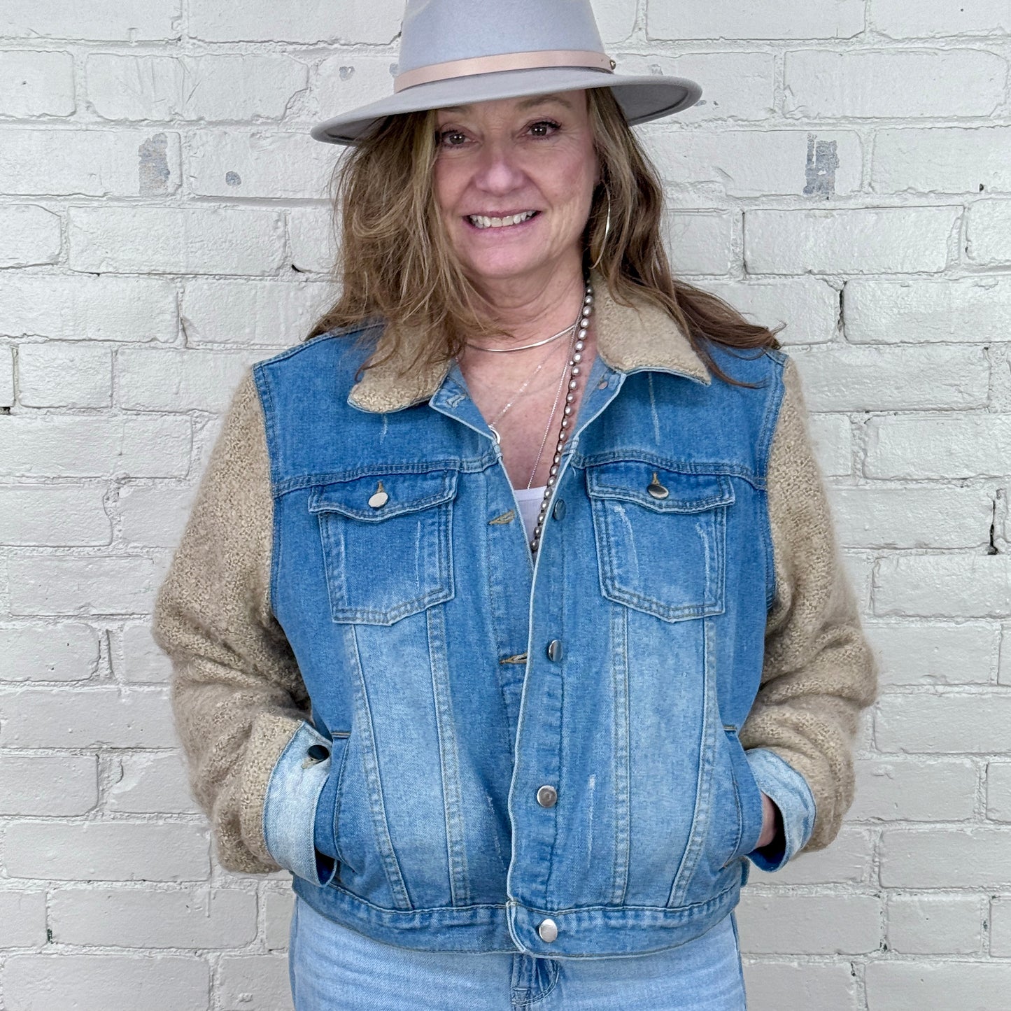 distressed boxy denim + cuddly soft blouse sleeves