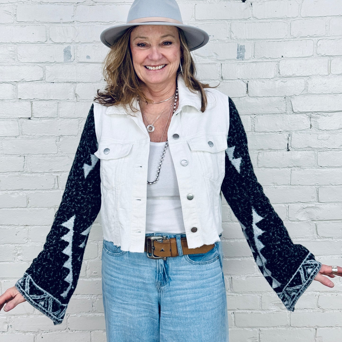 crop white corduroy + soft aztec bells