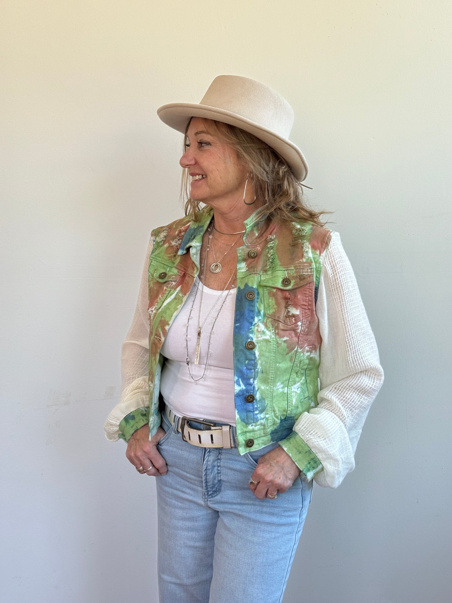 distressed tiedye denim + soft cream blouse sleeves [m/l]