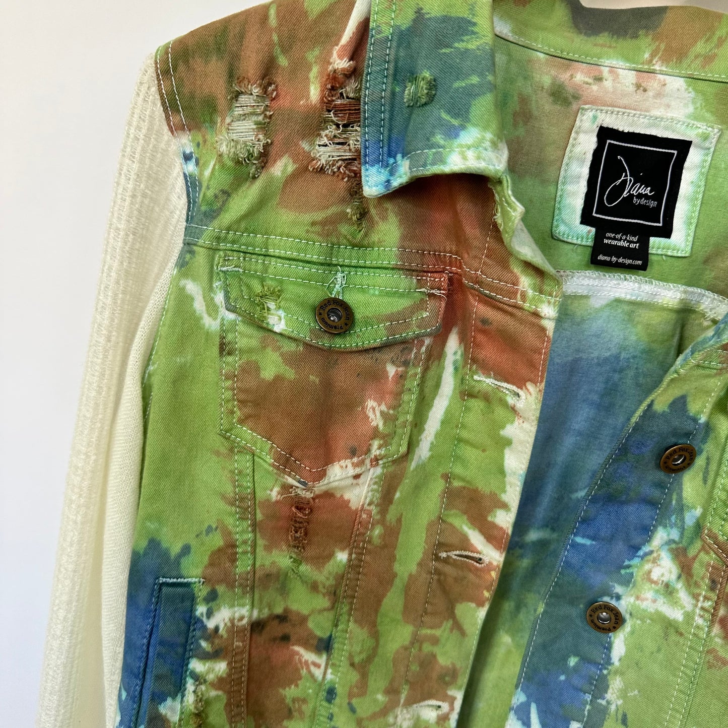 distressed tiedye denim + soft cream blouse sleeves [m/l]